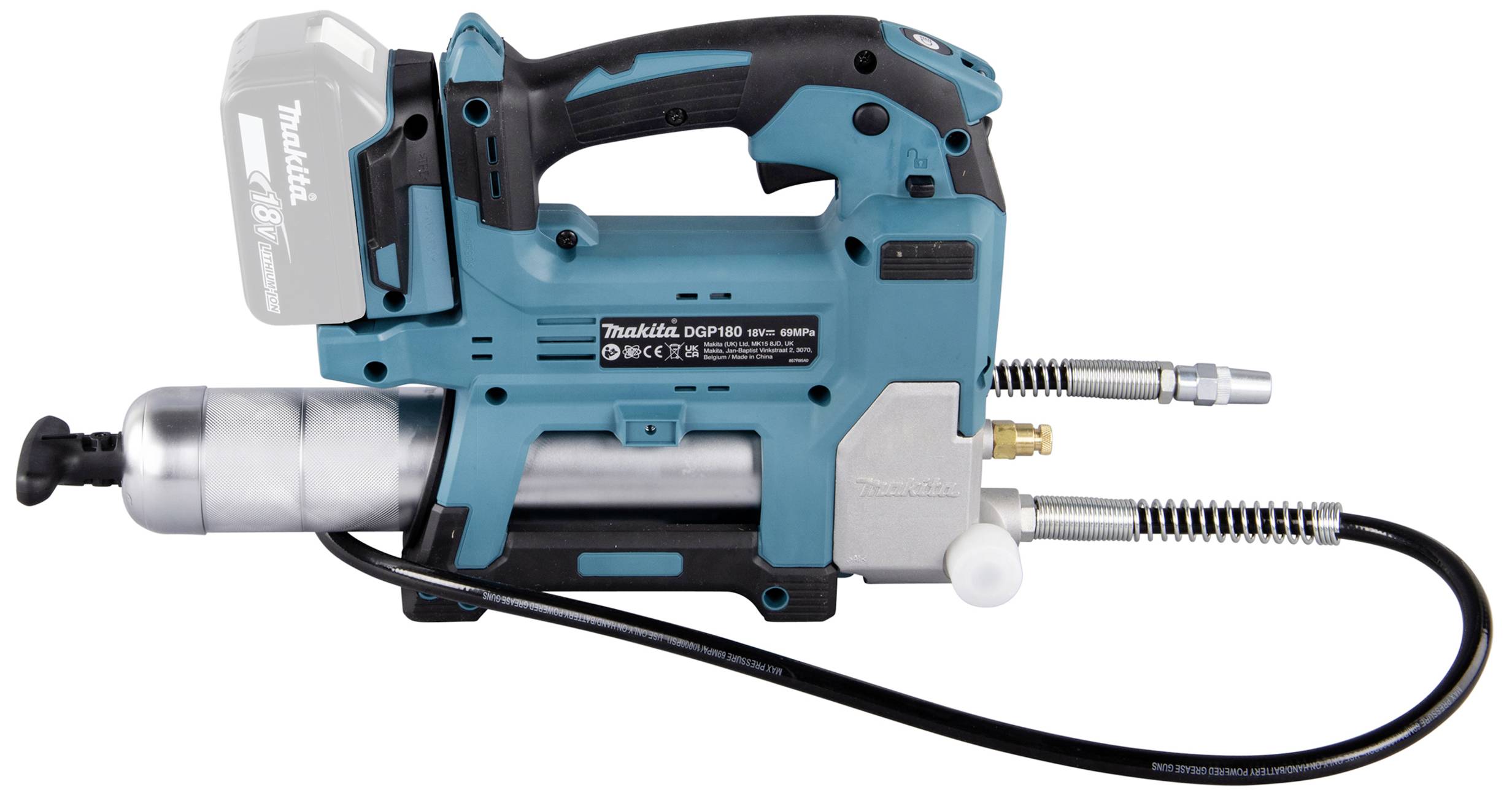 Schnurloser Stabschmierpresse in Blau mit flexiblem Schlauch, Griff und 18V-Akku.