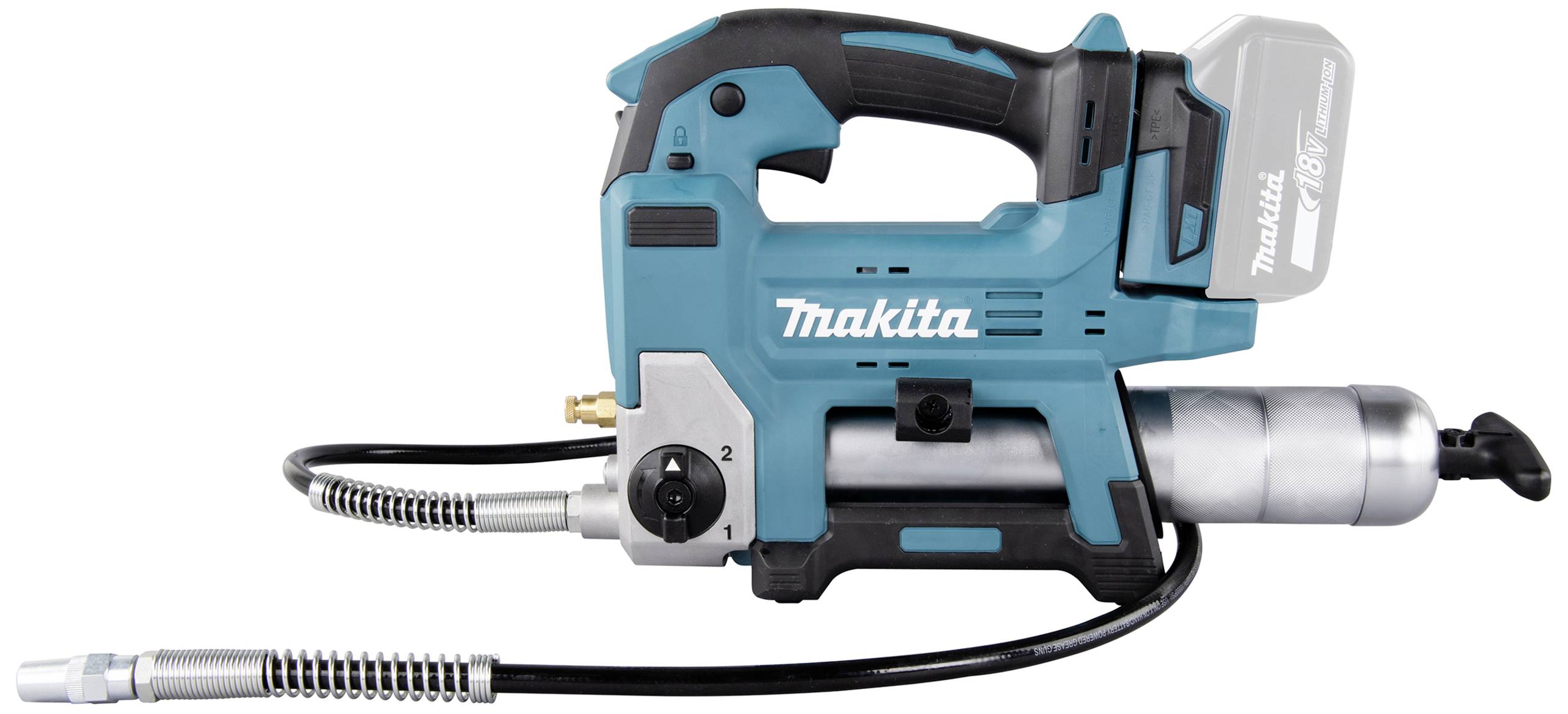 Eine blaue Makita Akku-Fettpresse mit Schlauch und Aufsatz, zum Auftragen von Schmierfett auf Maschinen und Ausrüstungen.