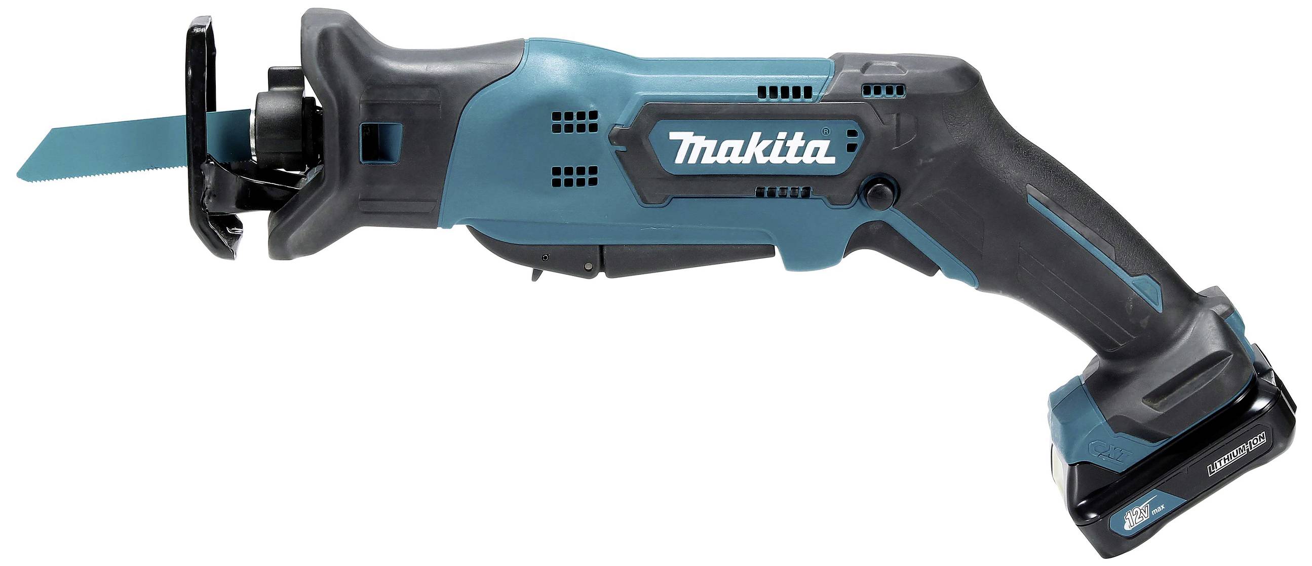 Elektro-Säbelsäge mit blau-schwarzem Gehäuse und Makita-Logo, geeignet zum Sägen verschiedener Materialien.