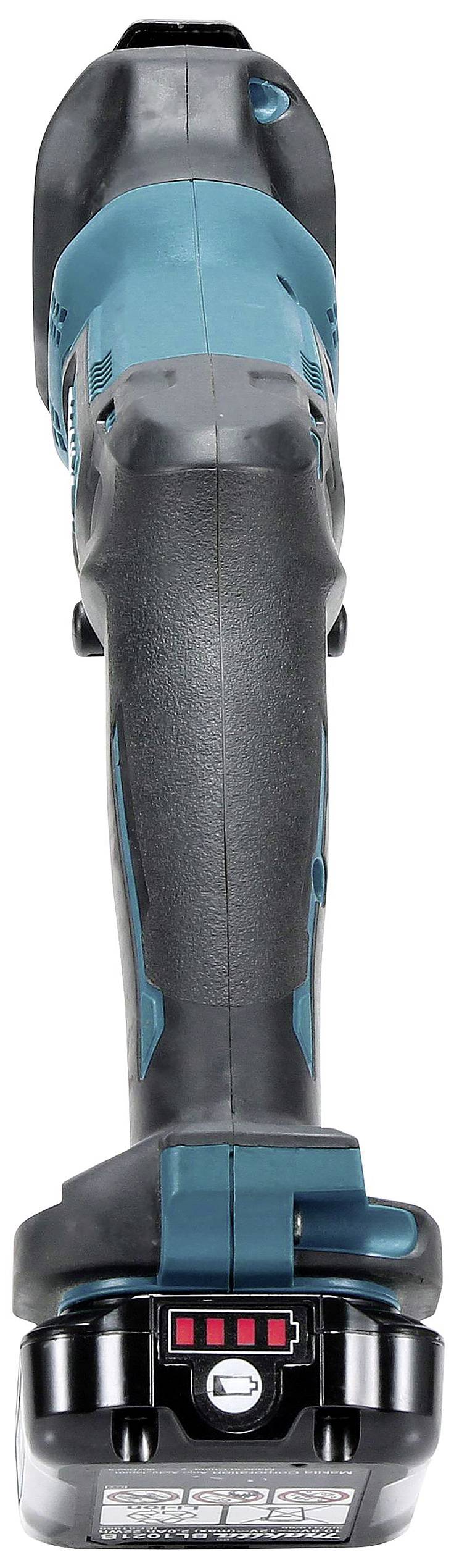 Akkubetriebene Handkreissäge von oben, in Schwarz-Blau, mit eingebautem Akku und Griff.