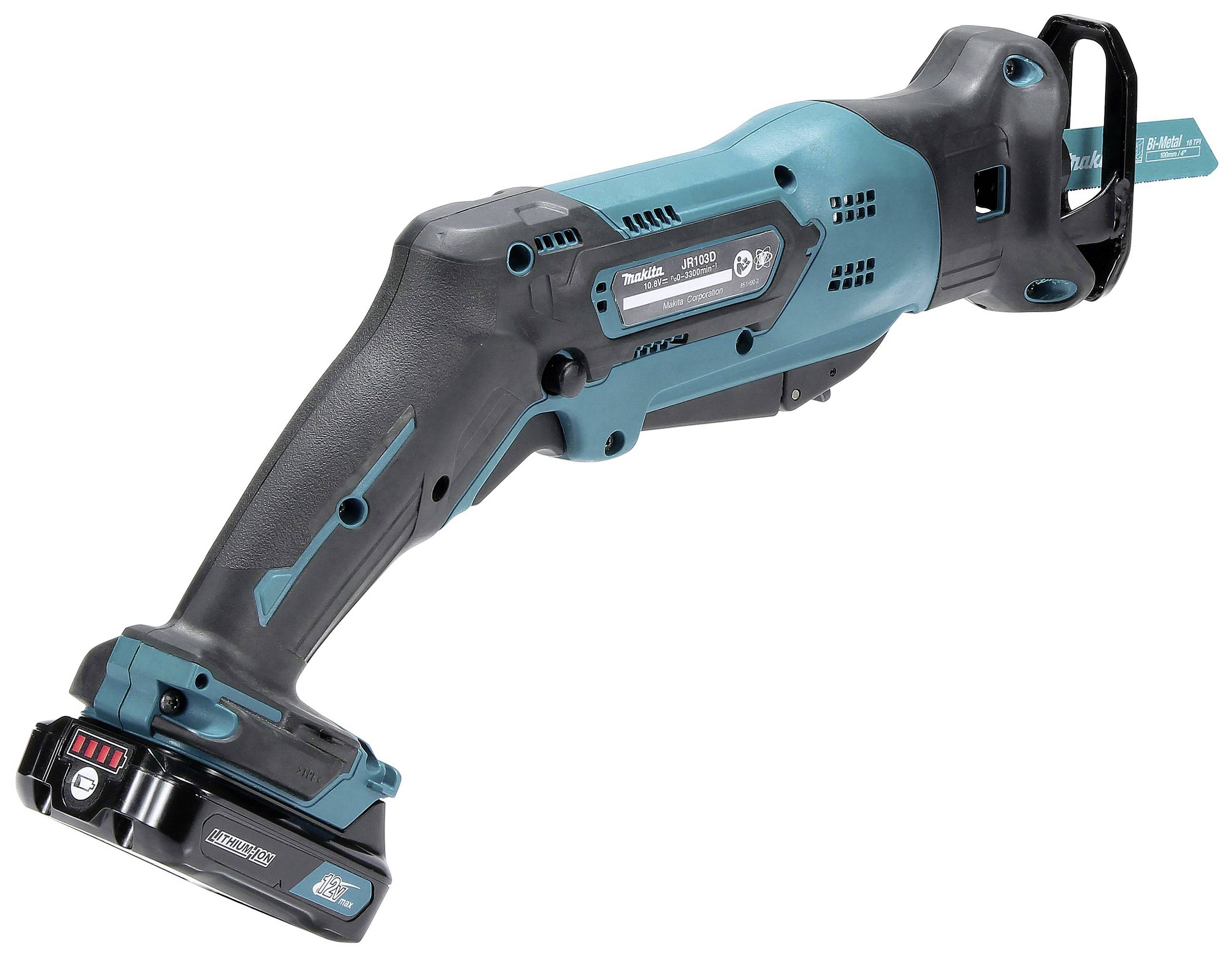 Eine kabellose blaue und schwarze Säbelsäge, geeignet für Holz- und Metallarbeiten.