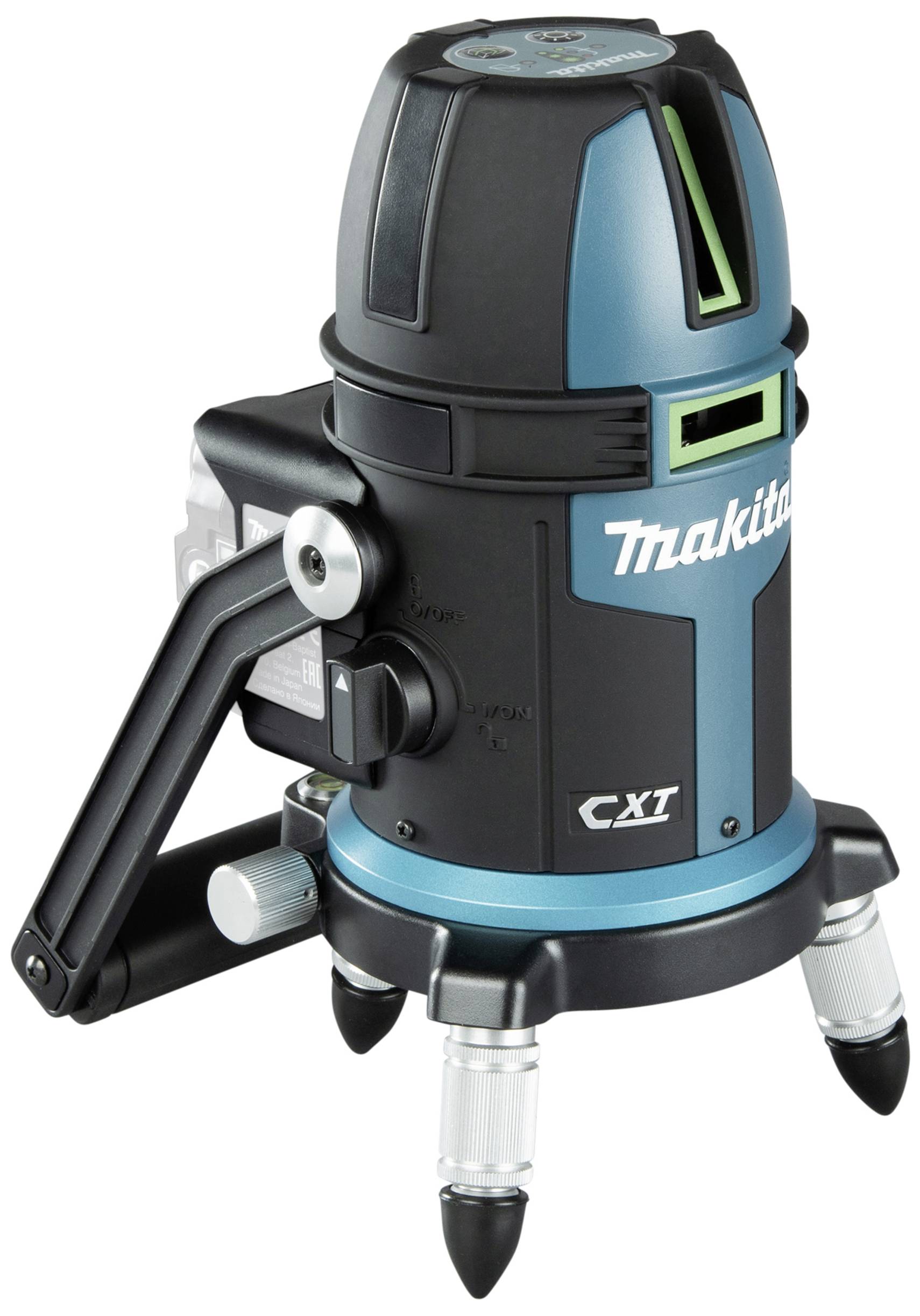 Bohrmaschine mit dreibeinigem Standfuß und schwarzem, blauem Gehäuse. Markenname 'Makita' und Technologie 'CXT' sind sichtbar.
