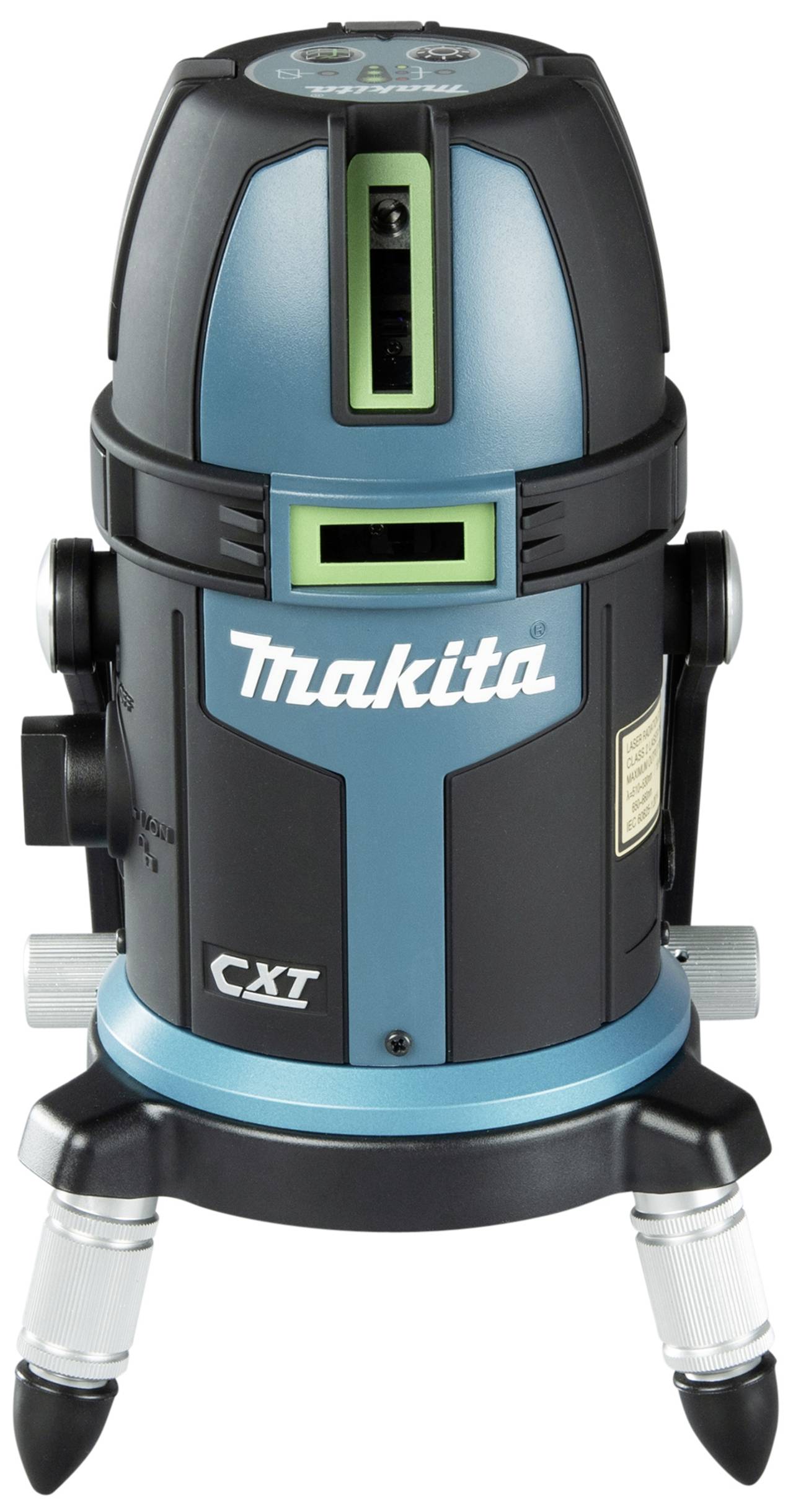 Ein schwarzer und blauer Makita CXT-Laserpegel mit mehreren Ausrichtungen auf drei silbernen Beinen, möglicherweise für Bauarbeiten.