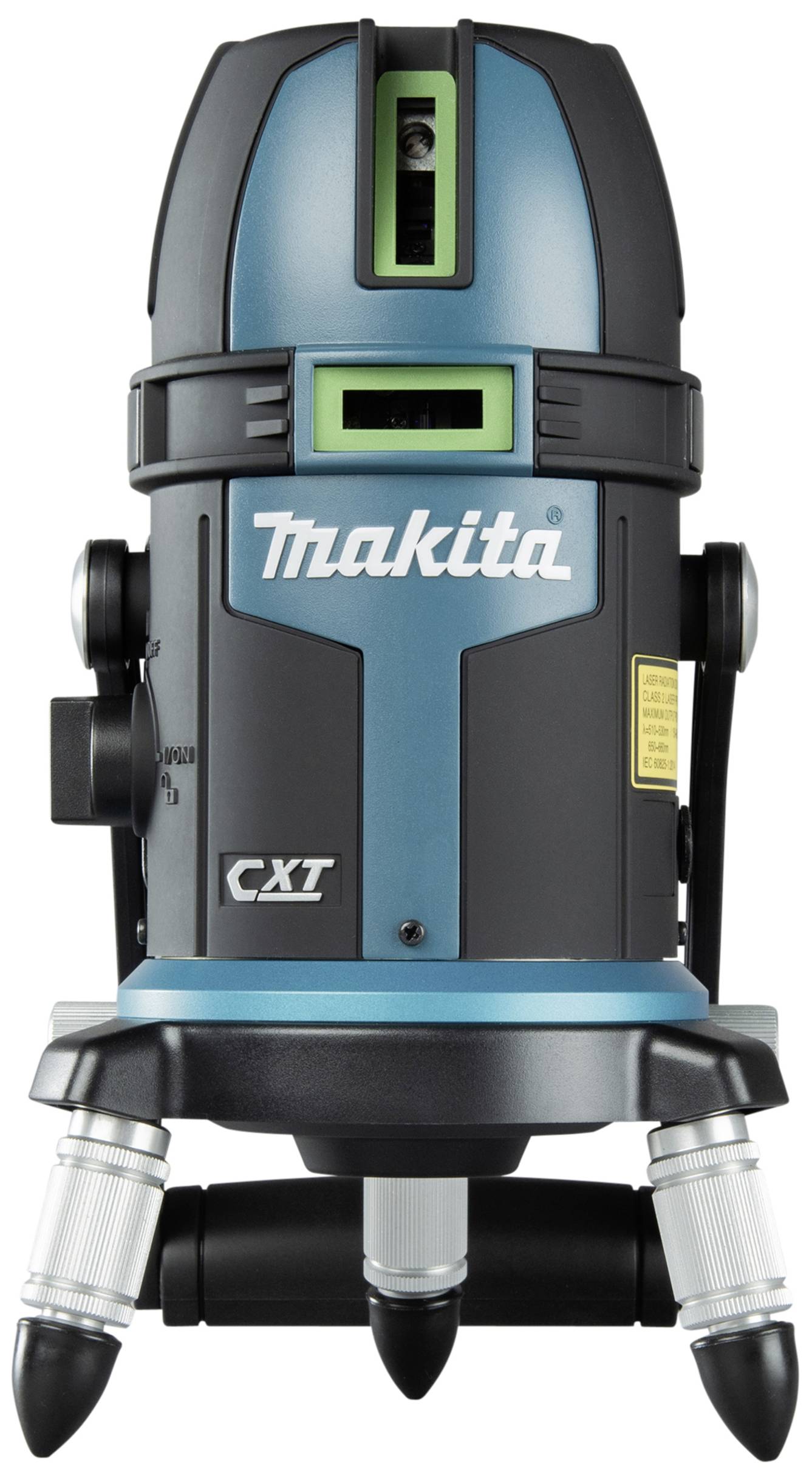 Lasernivelliergerät, blau-schwarz, 'Makita CXT' beschriftet, mit drei stabilen Beinen und einem grünen Laserfenster an der Oberseite.