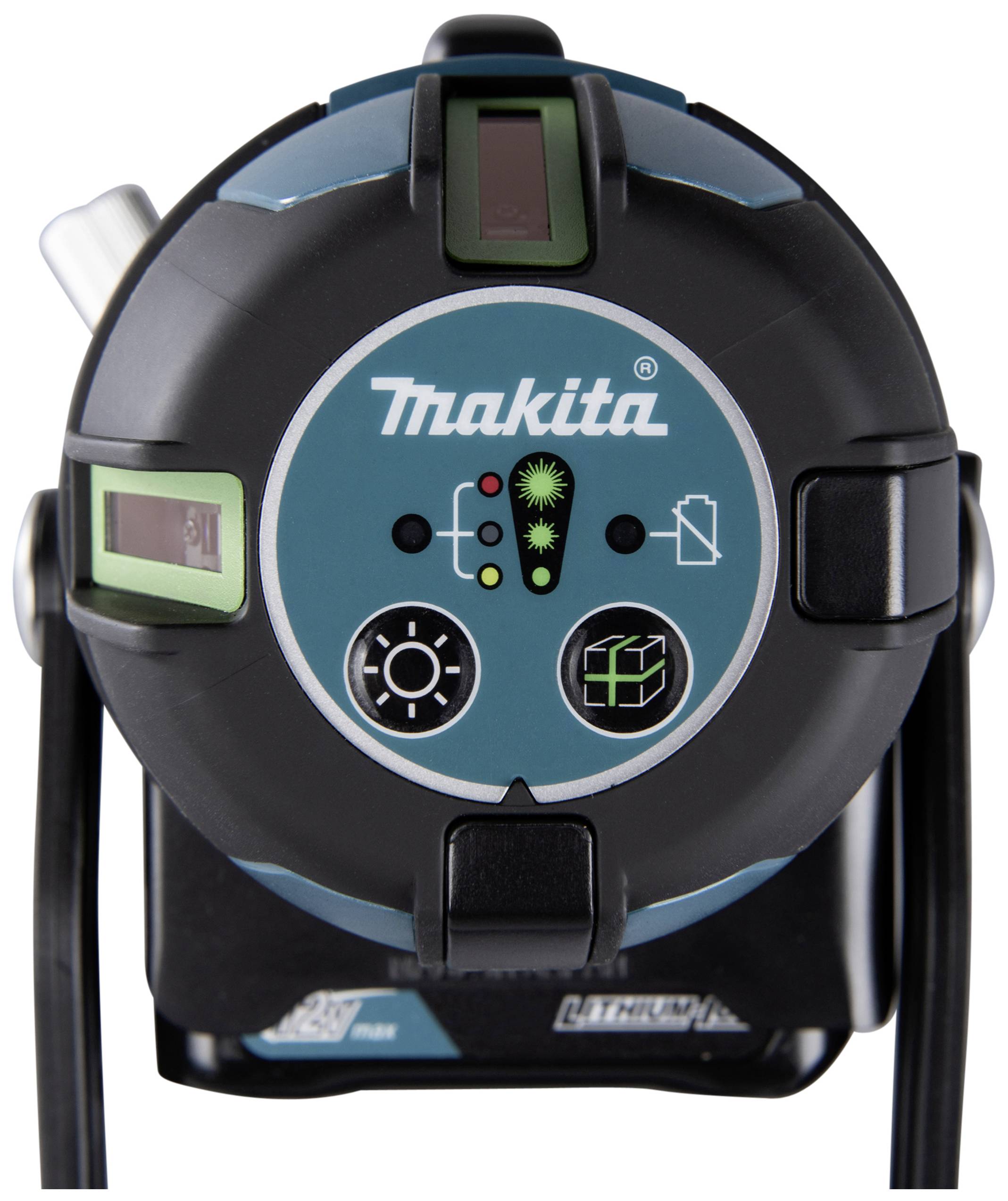 Ein Lasermessgerät der Marke Makita, Vorderansicht, mit verschiedenen Bedienknöpfen und Symbolen zur Funktionssteuerung.