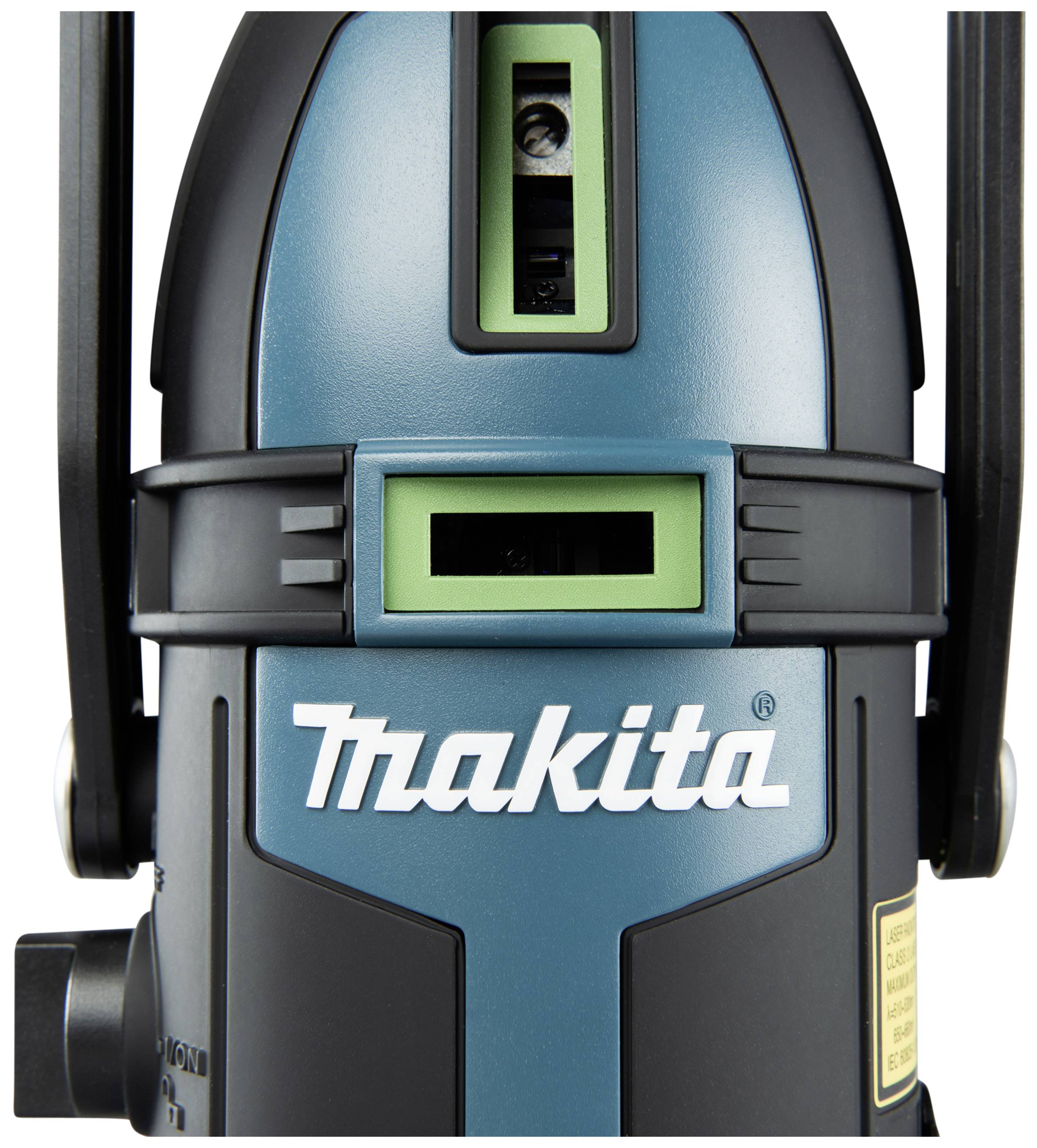 Frontale Ansicht eines blauen Makita-Lasers mit zwei grünen Nivellierfenstern und großem weißen Markennamen darunter.