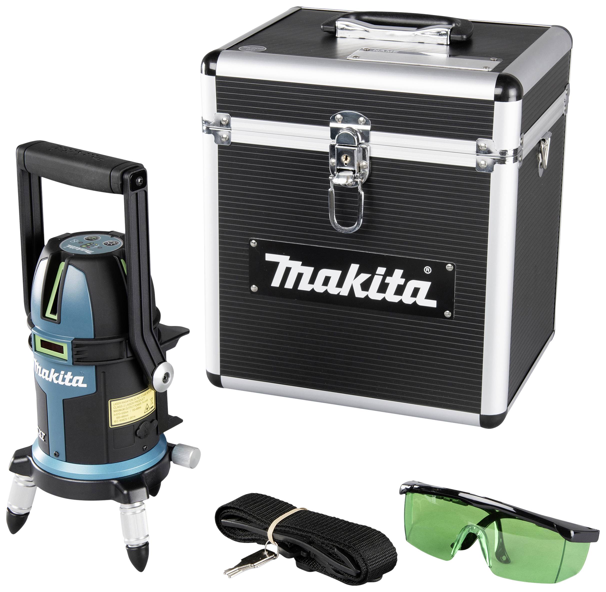 Ein grüner Makita Rotationslaser mit drei Stativfüßen, transportierbarer Hardcase, grüner Schutzbrille und schwarzem Tragegurt.