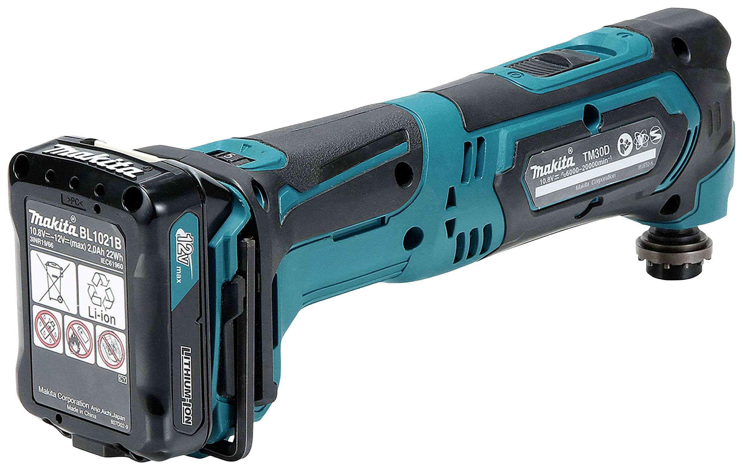 Ein Makita Akku-Werkzeug in Blau und Schwarz; kompakter, tragbarer Oszillierer, geeignet für vielfältige Anwendungen in Bau und Handwerk.