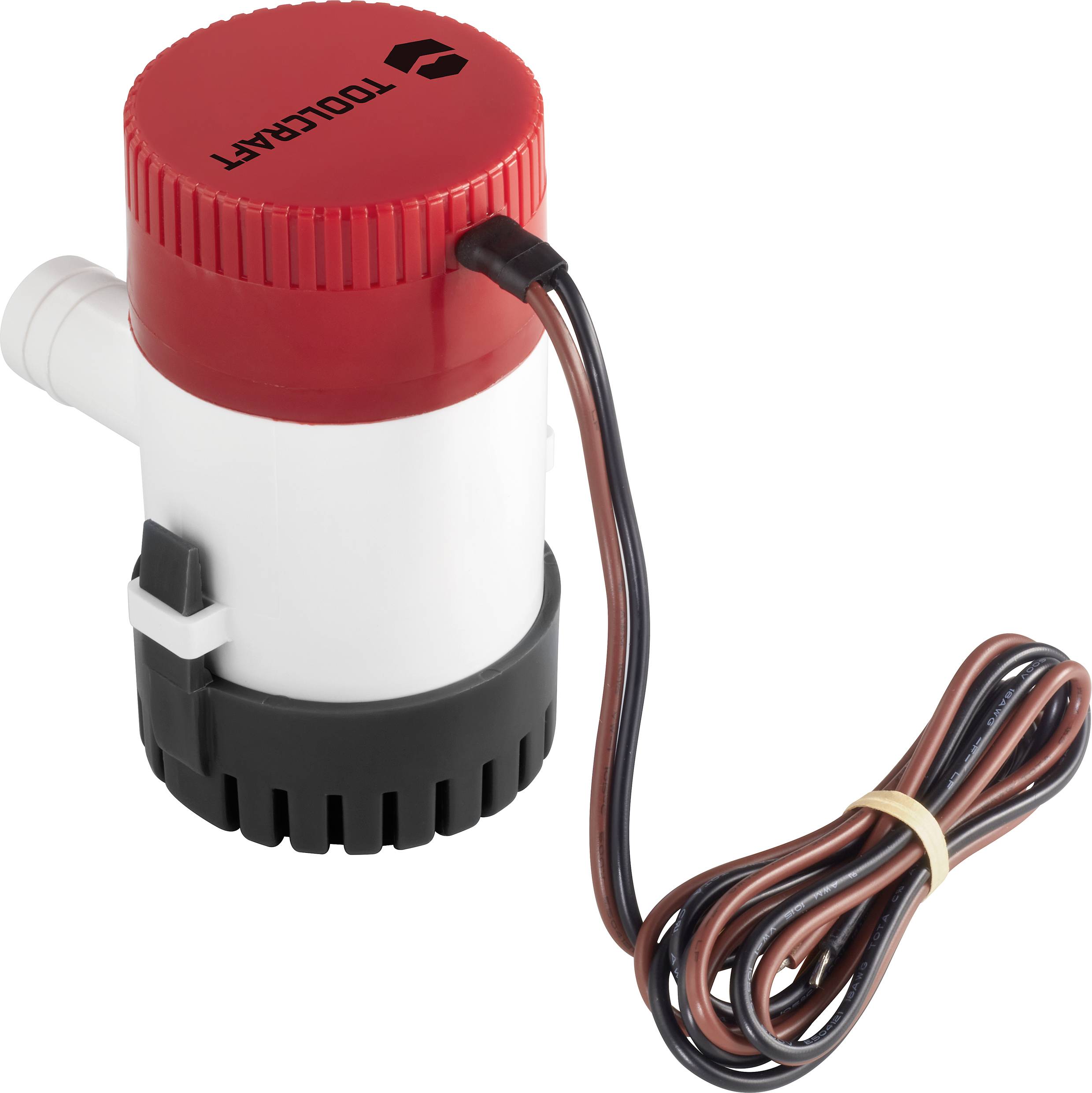 Kleine elektrische Wasserpumpe mit rotem Deckel und Kabel. Geeignet für Boote oder Aquarien zur Wasserentfernung oder -umwälzung.