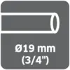 Die Abbildung zeigt ein Rohr mit der Aufschrift 'Ø19 mm (3/4")', das den Durchmesser in Millimetern und Zoll angibt.