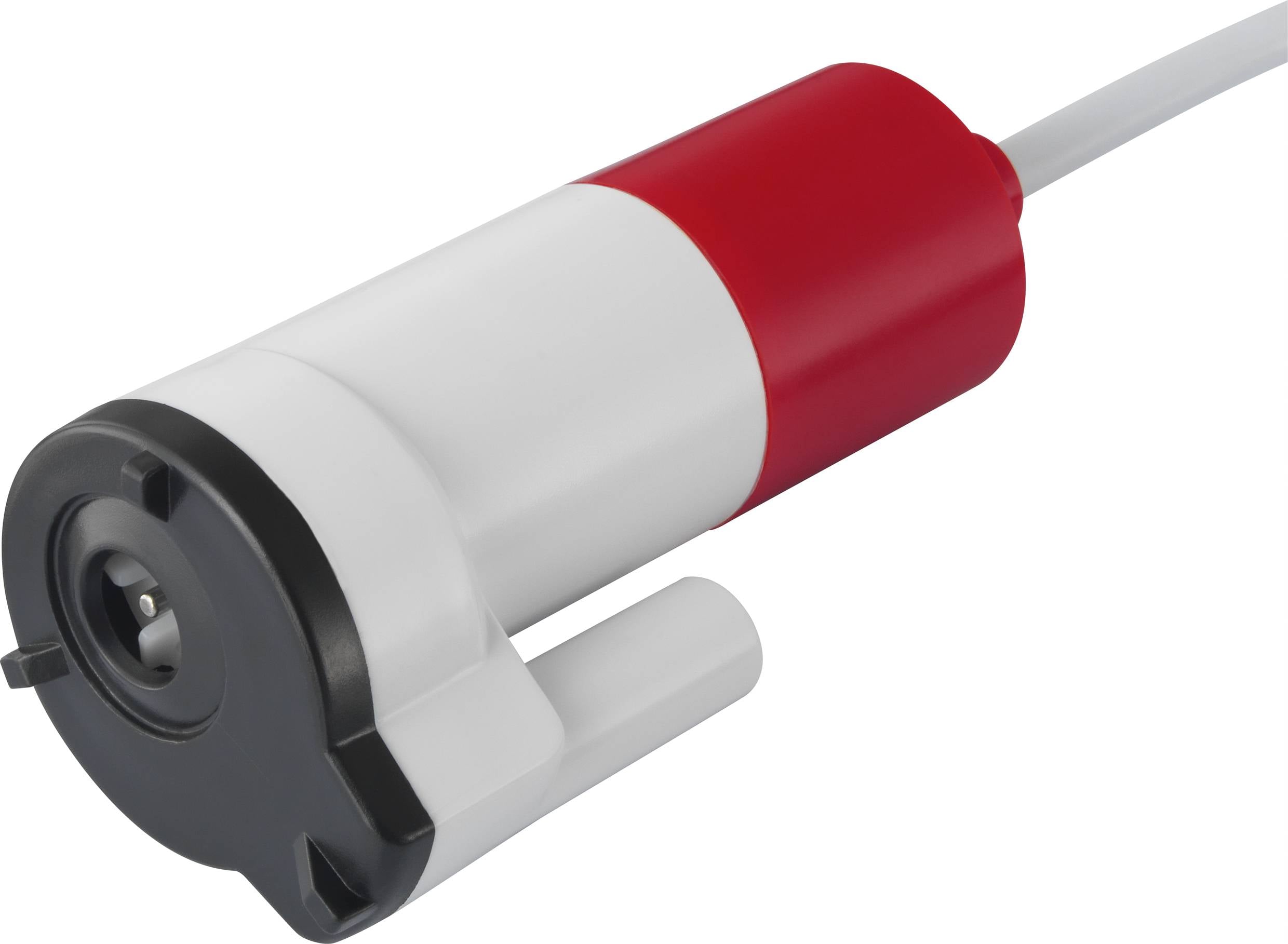 Ein zylindrisches, weiß-rotes Gerät mit Kabel, wahrscheinlich ein technisches Bauteil oder Sensor.