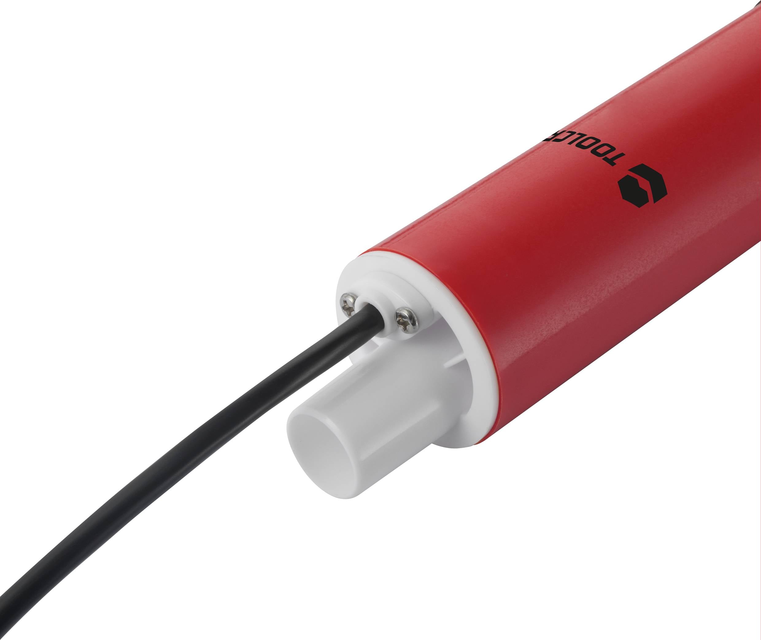 Ein roter zylindrischer Gegenstand mit einem Kabel, das aus einem weißen Kunststoffanschluss ragt. Beschriftung oben schließen.