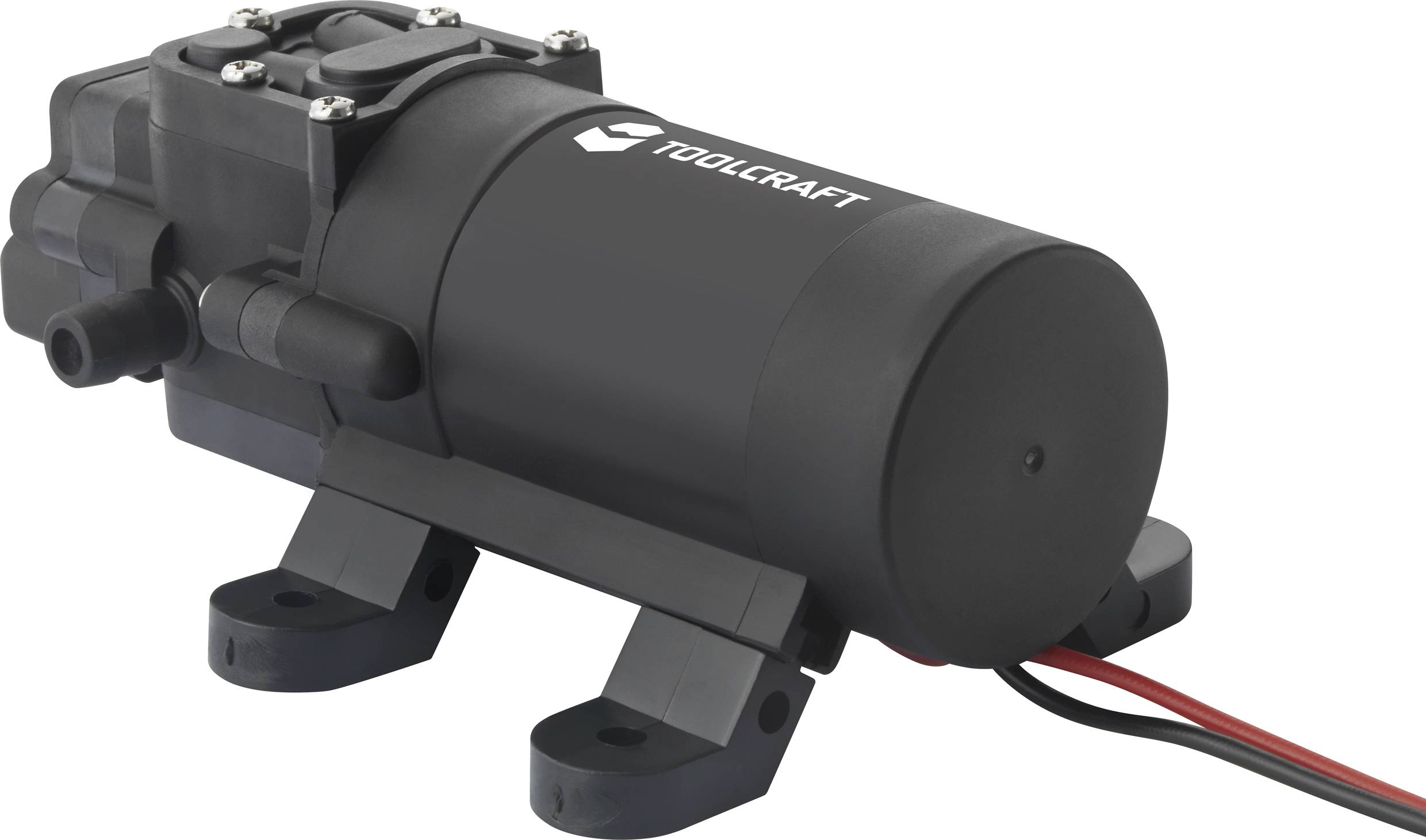 Schwarze Pumpe von Toolcraft mit Kabelanschluss, montiert auf zwei Halterungen. Geeignet für diverse technische Anwendungen.