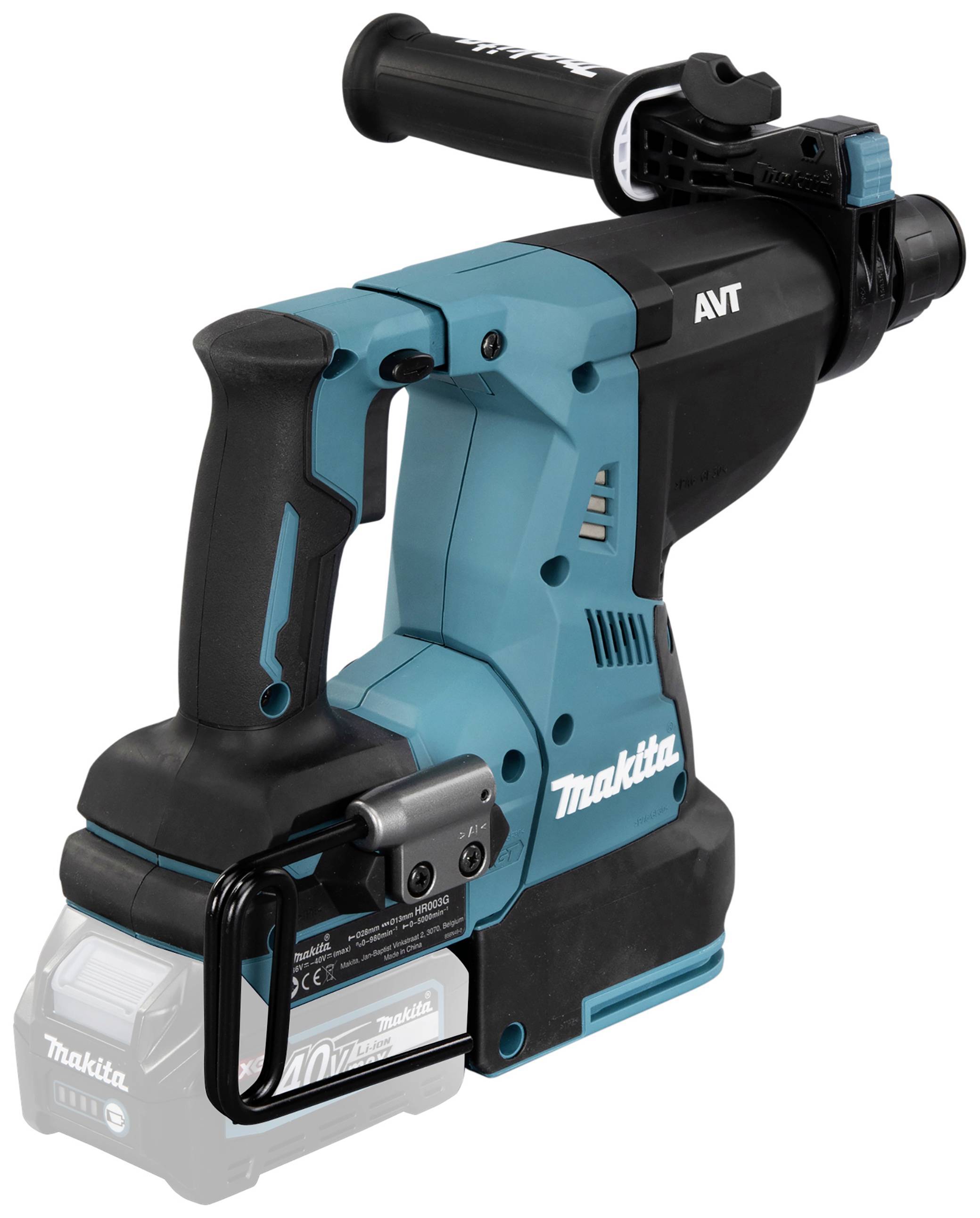 Ein kabelloser Bohrhammer in leuchtendem Blau mit Schwarz, geeignet für Bauarbeiten. Hat ergonomischen Griff und Akkuposition unten.