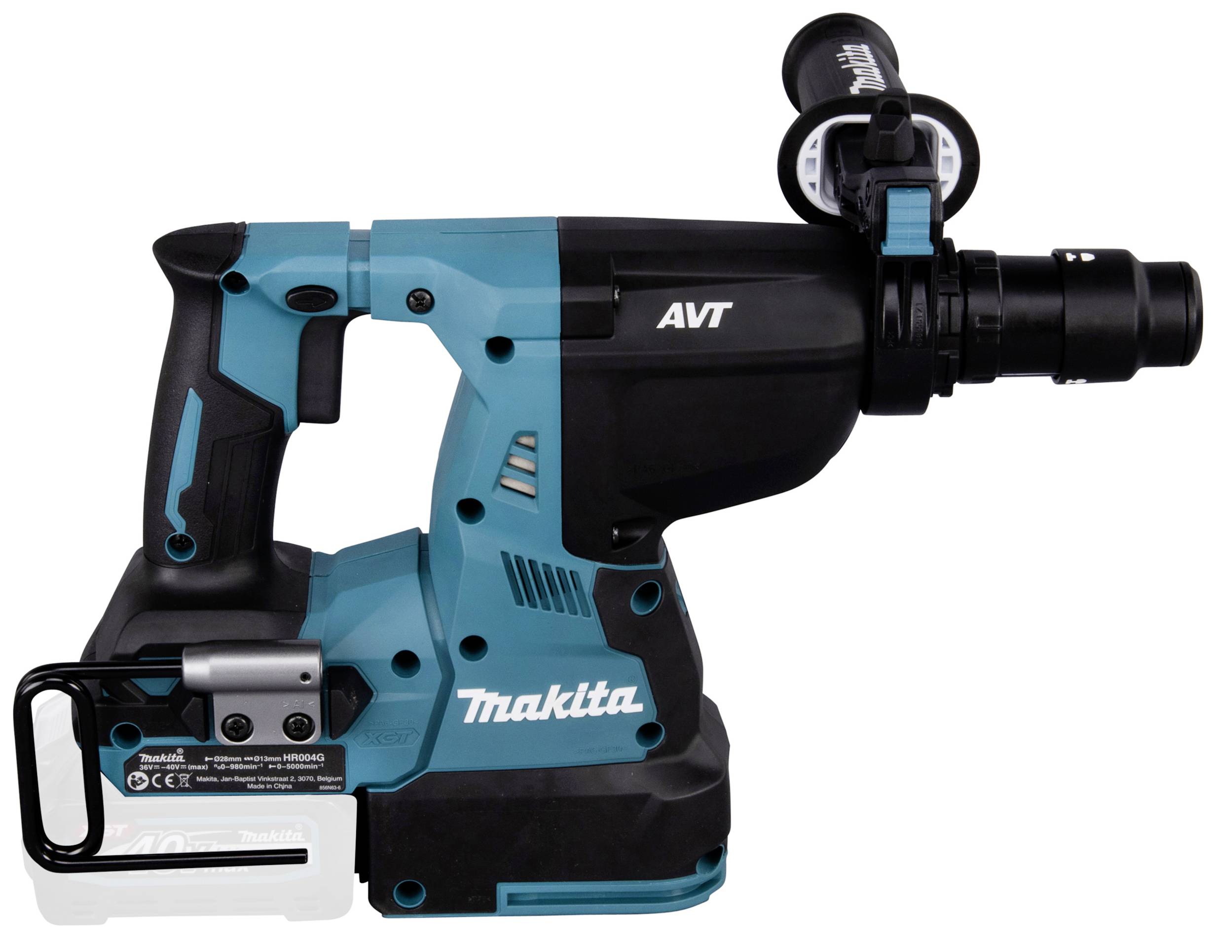 Ein kabelloser Bohrhammer in Blau und Schwarz von Makita, Modell AVT, mit ergonomischem Griff und Schlagfunktion.