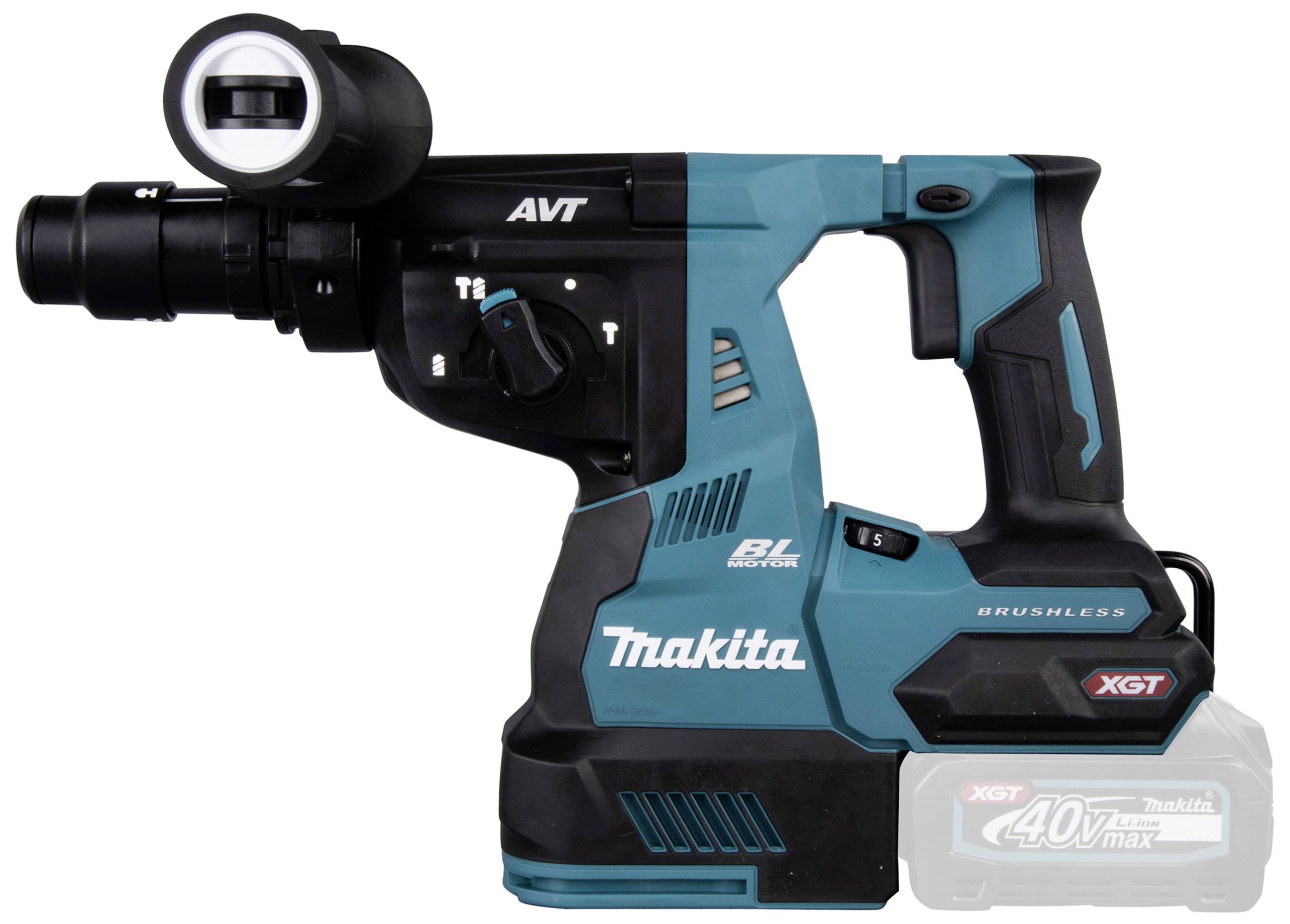 Ein blauer und schwarzer kabelloser Bohrhammer von Makita, Modell "XGT 40V max". Er verfügt über einen ergonomischen Griff und ein AVT-Design.