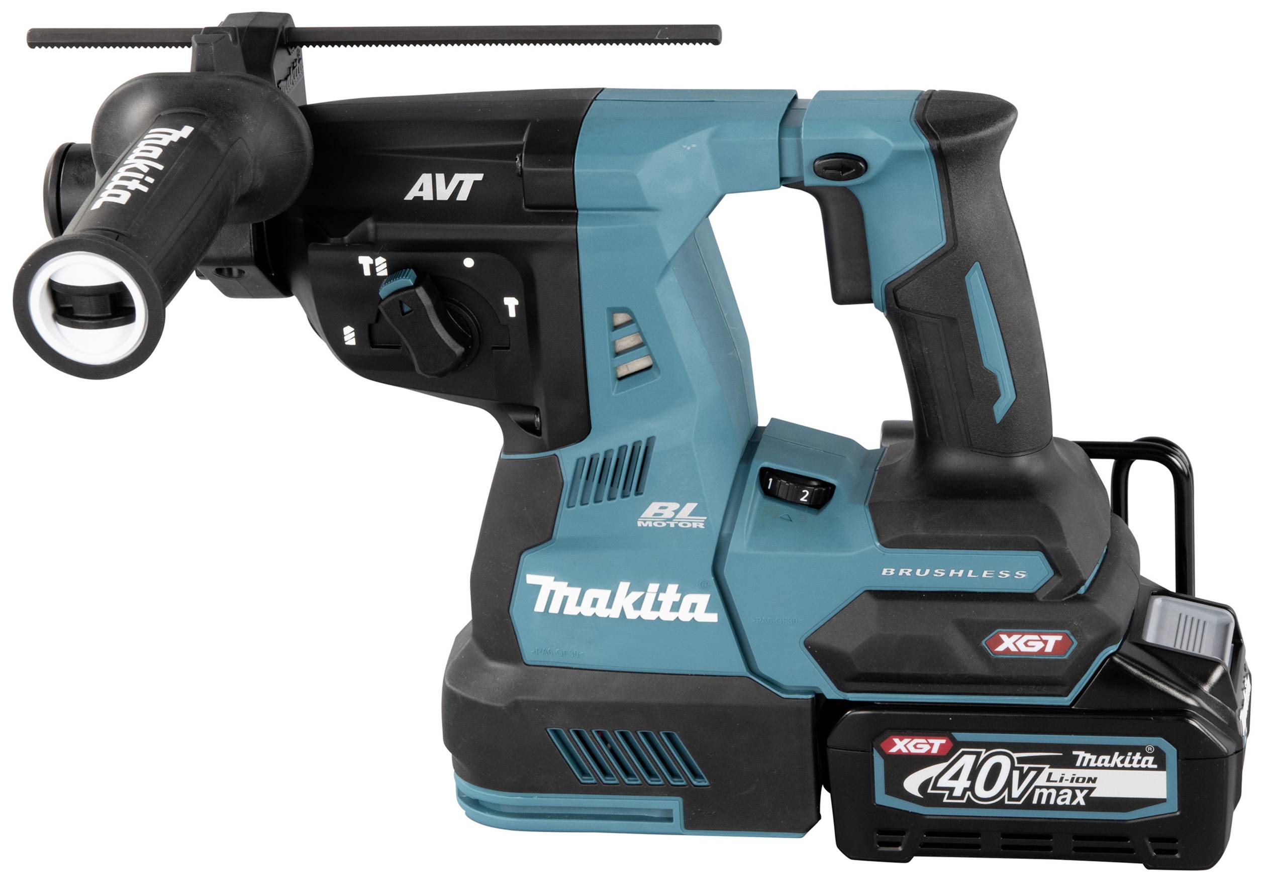 Akkubohrhammer in Blau und Schwarz mit 'Makita', 'XGT' und '40V max' Aufdruck. Gerät für Bauarbeiten oder Heimwerkerprojekte.