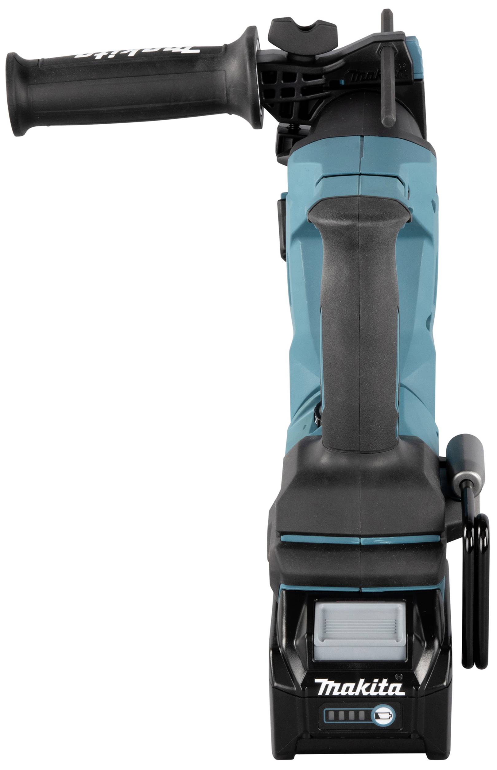 Akkubetriebene, blaue Winkelschleifmaschine mit schwarzem Griff und Schutzhülle, von oben fotografiert. Markenlogo sichtbar.