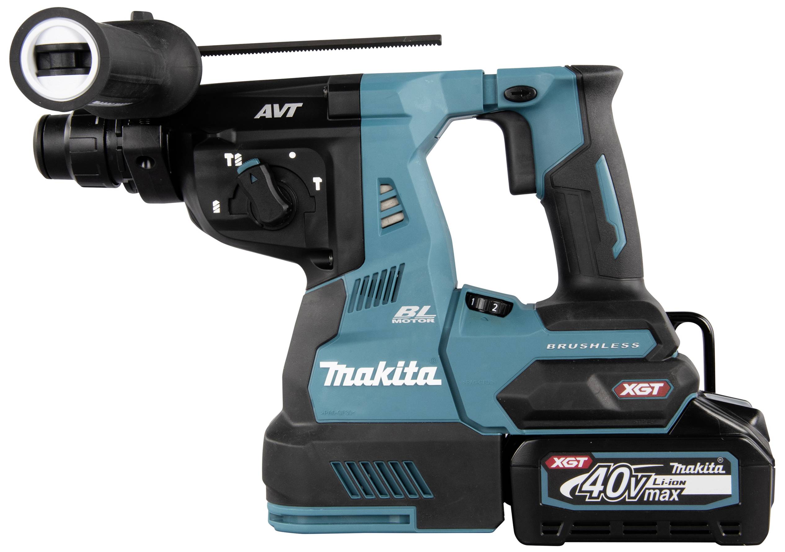 Akkubohrhammer in blau-schwarz mit 40V-Akku von Makita. Links am Gerät befindet sich eine Lampe. Handgriff mit ergonomischem Design.