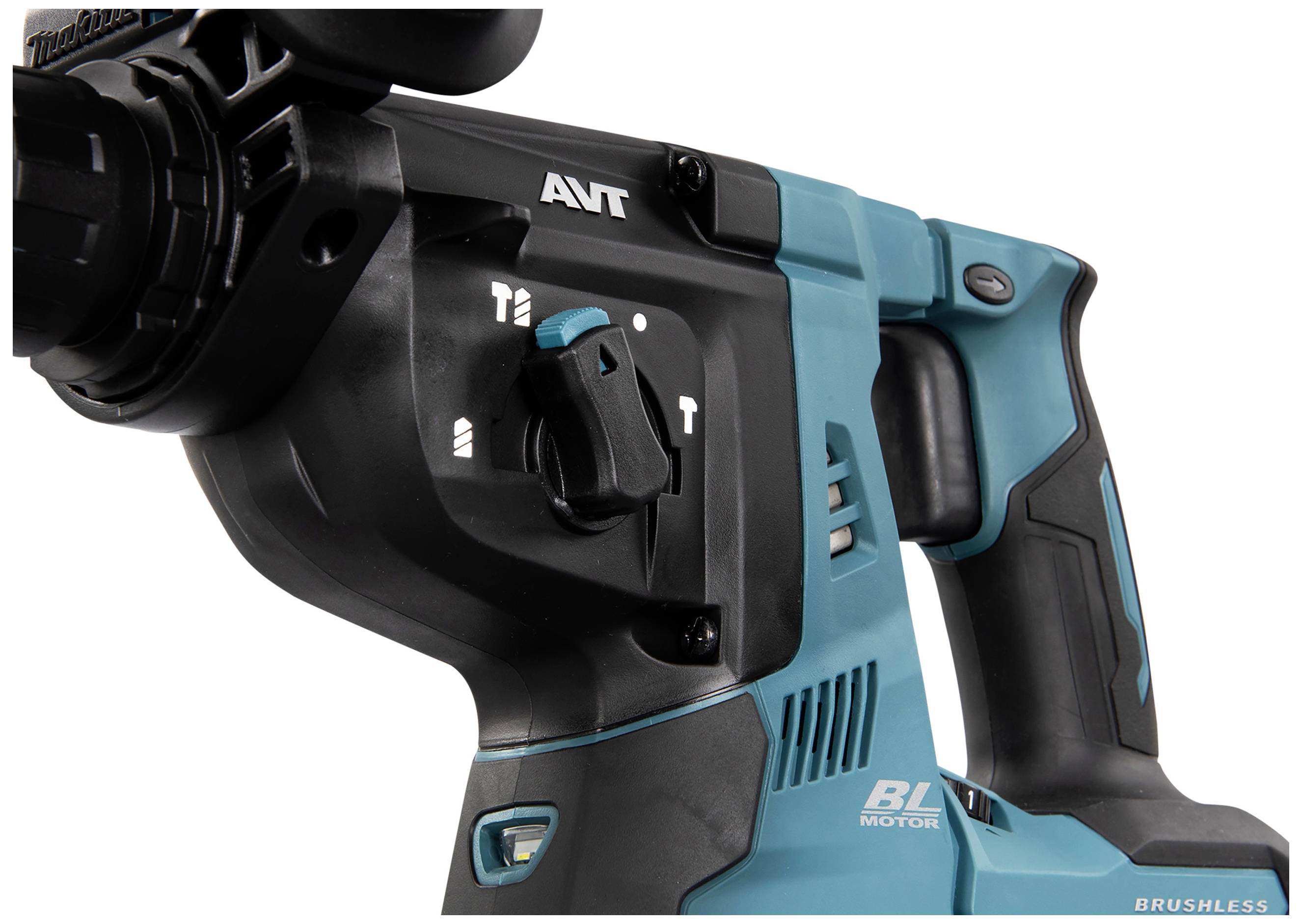 Ein blau-schwarzer Akku-Bohrhammer mit einem Drehschalter zur Einstellung von Funktionen. Sichtbar ist das Griffteil und Teile des Motors.