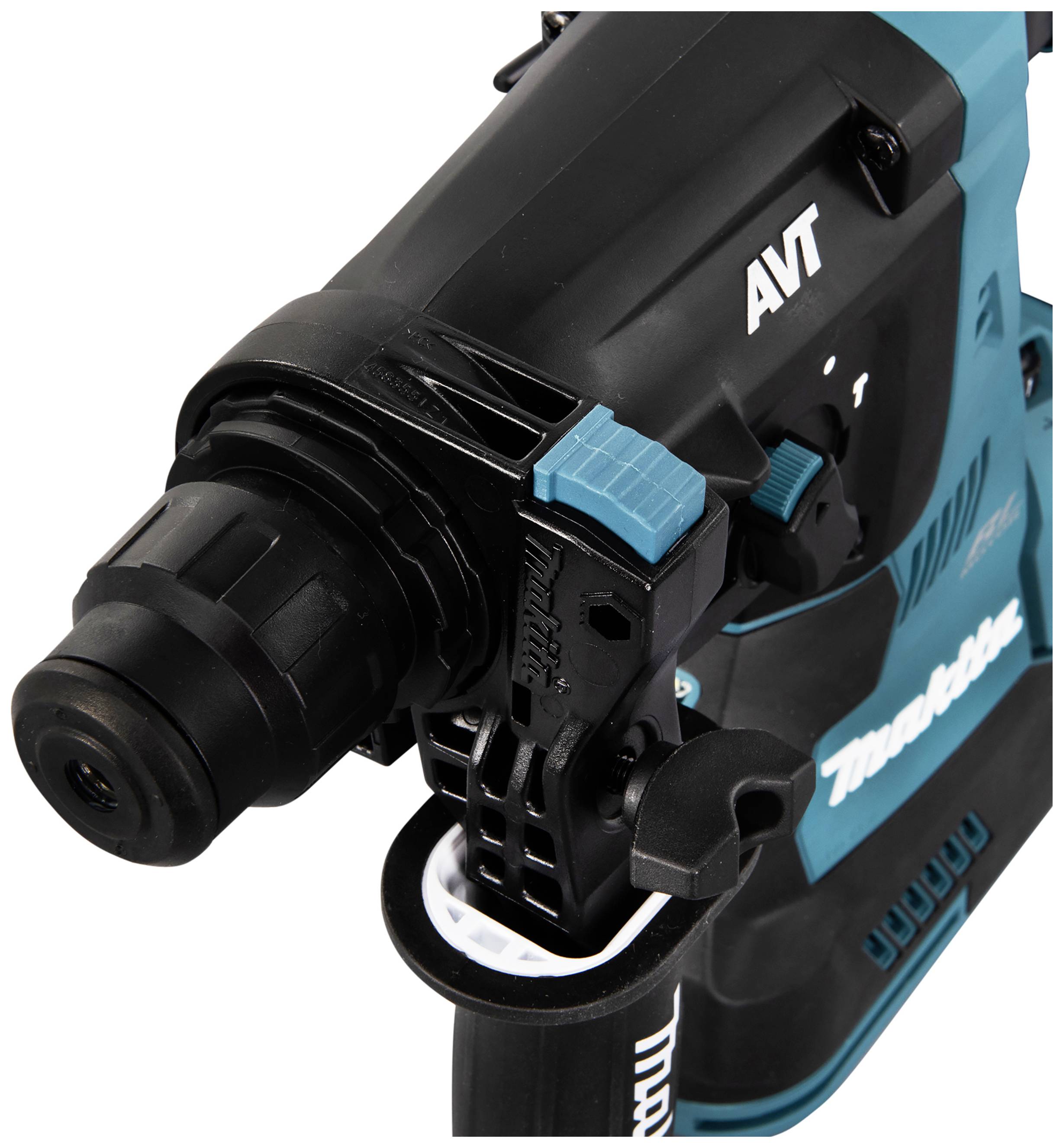 Ein blau-schwarzer Elektrowerkzeug-Bohrhammer mit einem robusten Bohrfutter und Griff, markiert mit 'AVT' und Firmenlogo.