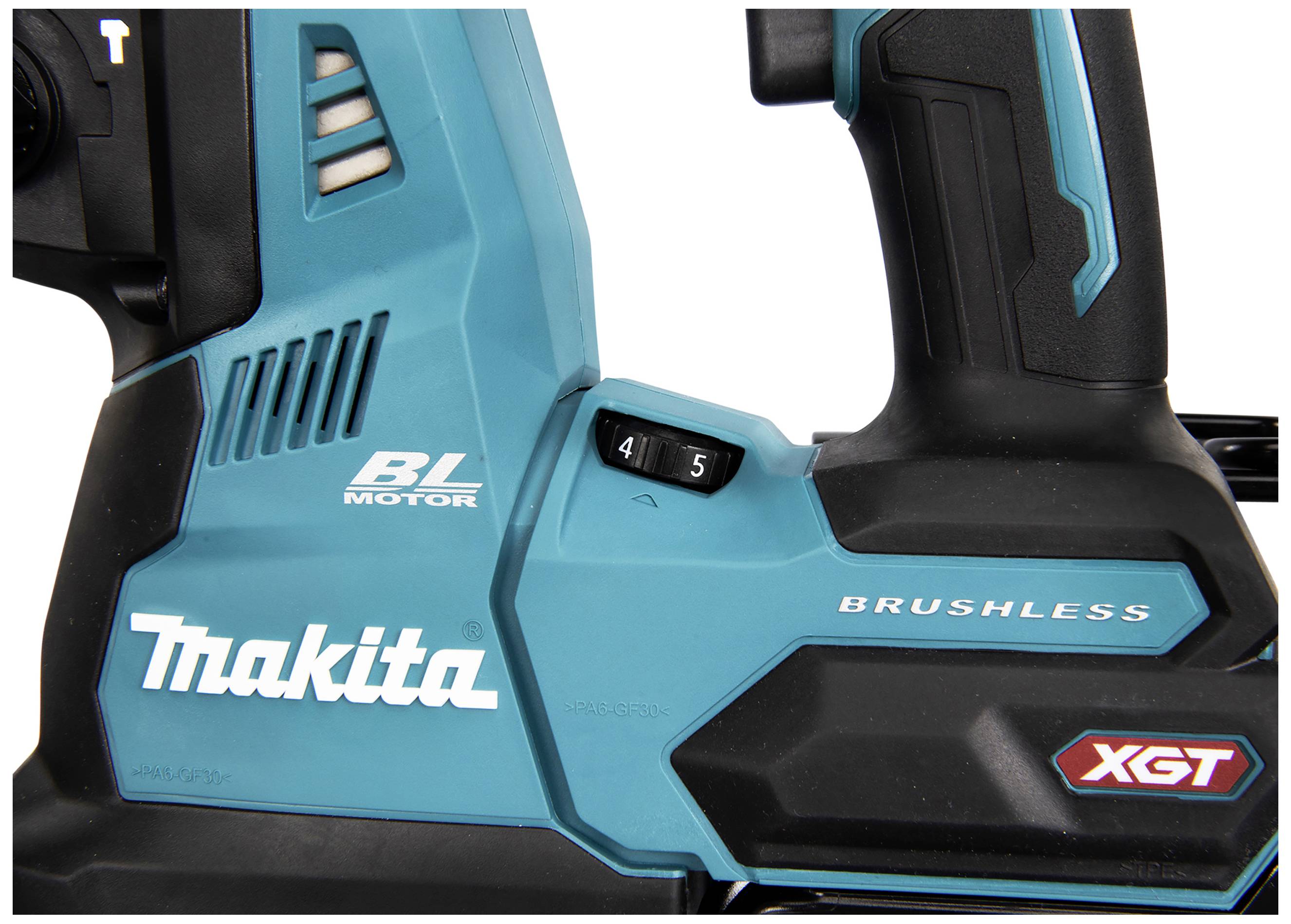 'Ein Detailfoto eines Makita XGT Brushless Werkzeugs mit BL Motor, zeigt einen Geschwindigkeitsregler feinjustierbar zwischen 4 und 5.'