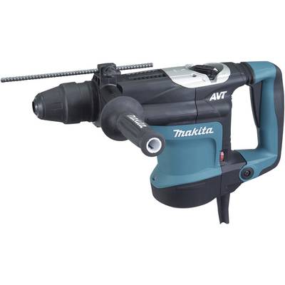 Bohrhammer der Marke Makita in Schwarz und Blau, mit Zusatzgriff links. Gerät zur Bearbeitung von Beton oder anderen Materialien.