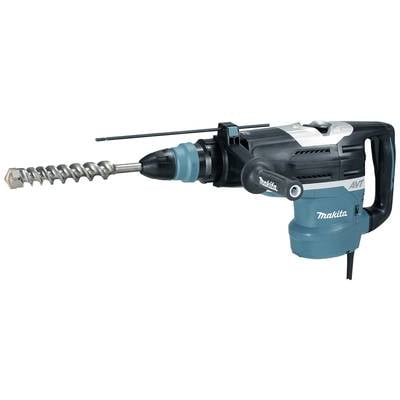 Eine blaue und schwarze elektrische Bohrmaschine mit langem Bohreraufsatz, geeignet für schwere Bauarbeiten.