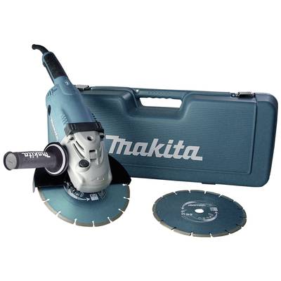 Ein tragbarer, blauer Winkelschleifer mit silbernem Kopf, daneben ein weiterer Schleifscheibe und ein Koffer mit der Aufschrift 'Makita'.