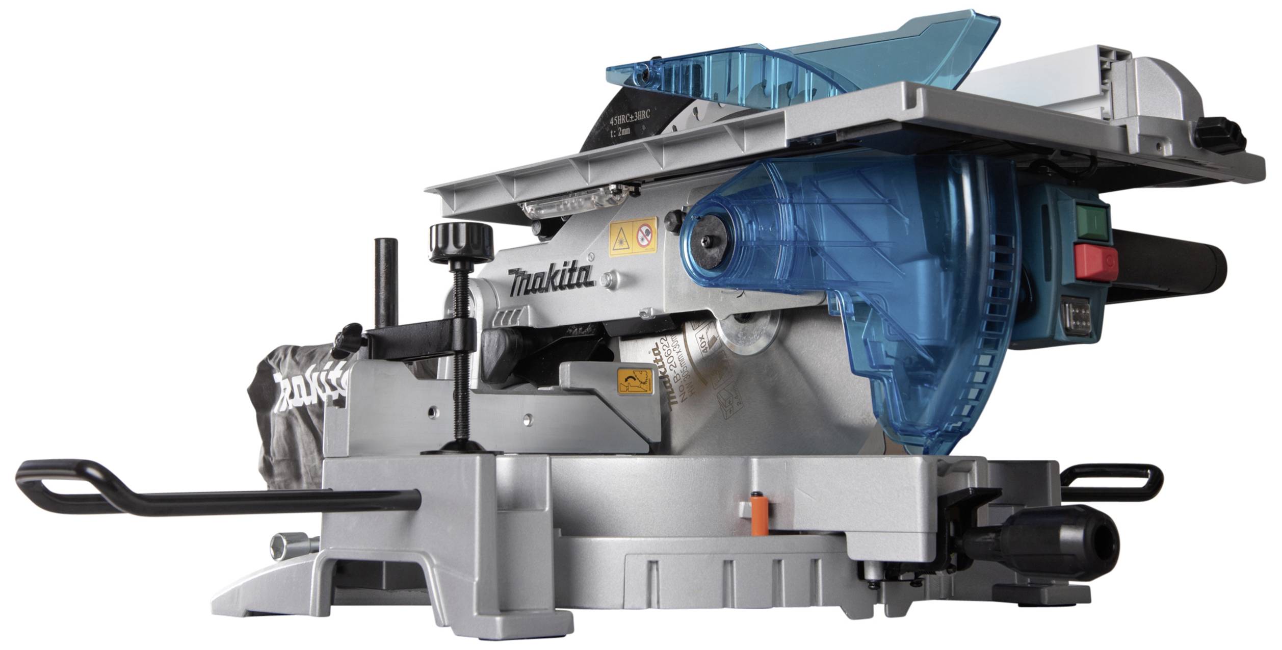 Bild einer Tischkreissäge mit blauer Schutzhaube, silbernem Gehäuse und grünem Startknopf, auf weißem Hintergrund.