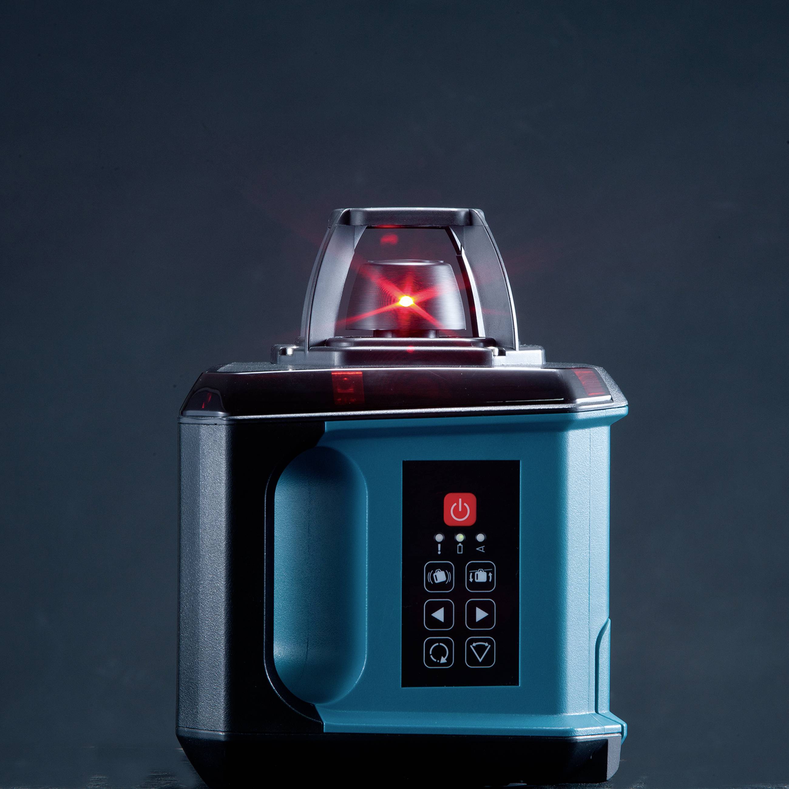 Ein blauer Laser-Nivelliergerät mit schwarzem Bedienfeld und roten LEDs. Der Laser emittiert einen roten Lichtstrahl oben.