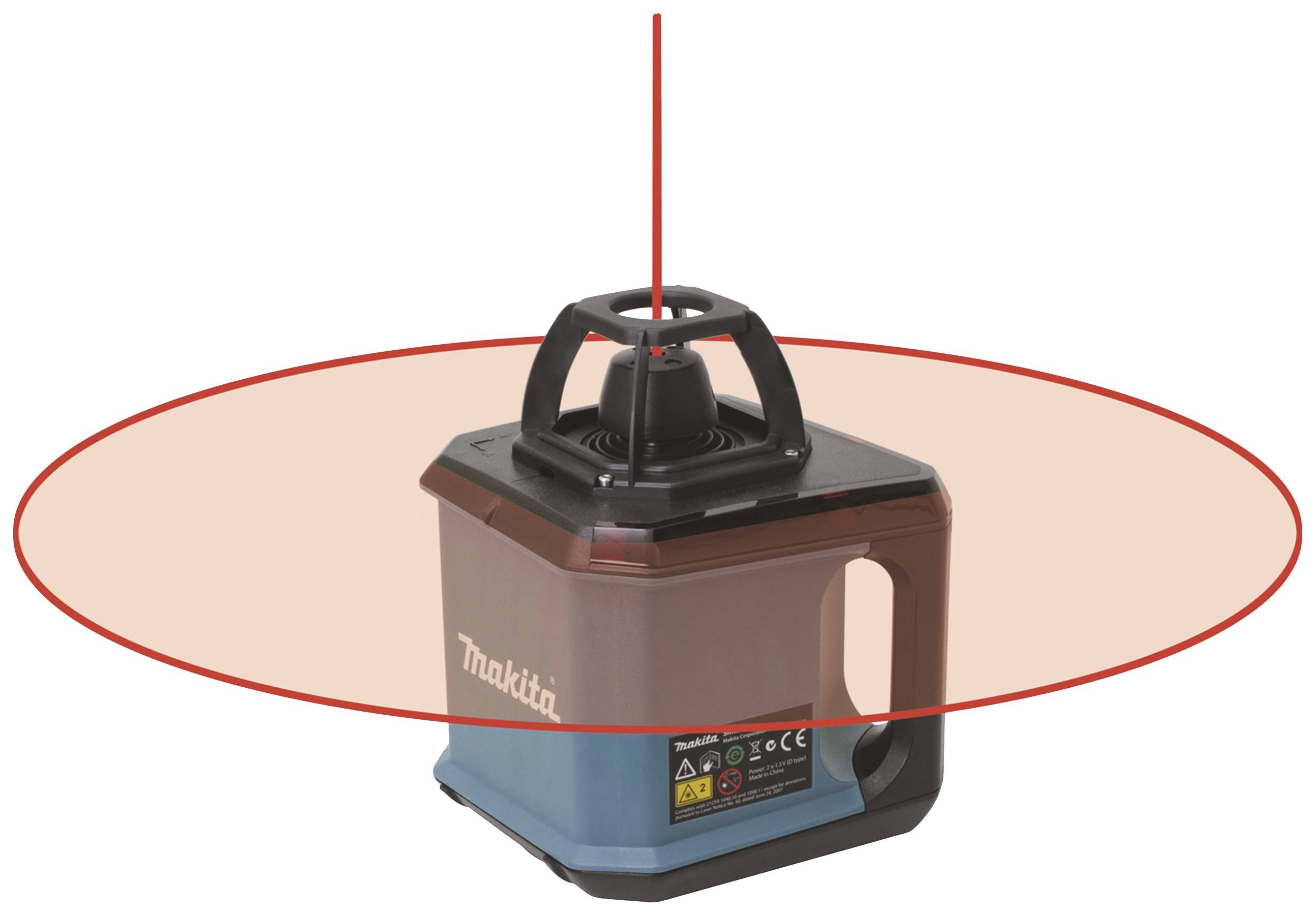 Ein Laser-Nivelliergerät, quadratisch, blau mit schwarzem Gehäuse, strahlt horizontal und vertikal rote Laserlinien für präzises Messen aus.