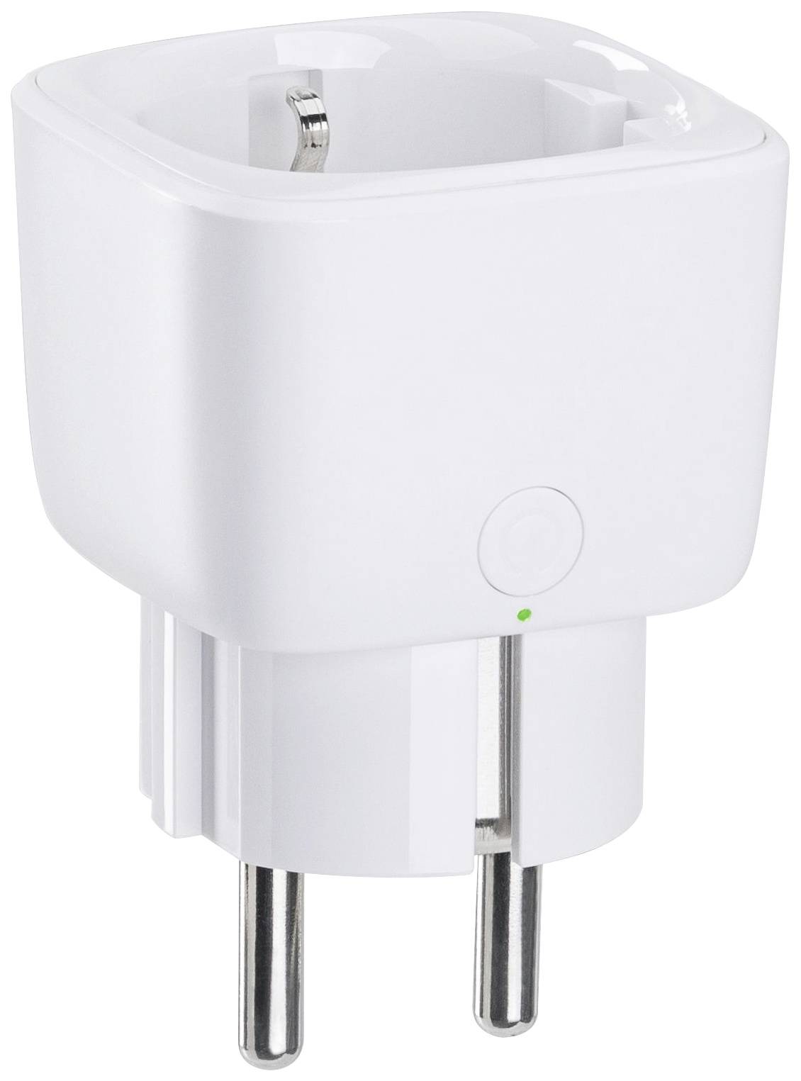 Weißer Smart Stecker Adapter mit rundem Design, Steckfläche frontal zur Kamera, Knopf und kleine LED zur Statusanzeige sichtbar.