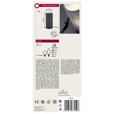 'Lampe mit Dimmer' Verpackungsrückseite: Zeigt Maße, Dimmstufen, Lampentyp (E14, nicht inklusive) und technische Details.