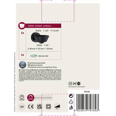Verpackung einer LED-Lampe mit Produktabbildung, technischen Daten wie Abstrahlwinkel (110°), Lichtstrom (840 lm) und Stromverbrauch (13,5 W). Schutzart IP44 angegeben.