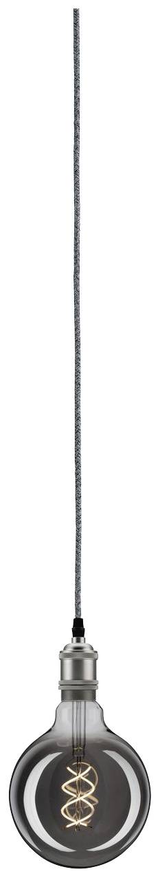 Eine einzelne hängende Glühbirne mit sichtbarem Filament, die von einem langen, dünnen Kabel gehalten wird.