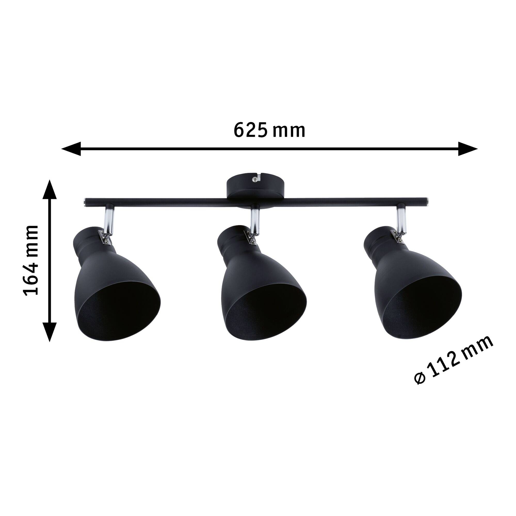 'Dreibirnige schwarze Deckenleuchte, Höhe 164 mm, Breite 625 mm, Lampenschirmdurchmesser 112 mm. Ideal für gezielte Beleuchtung.'