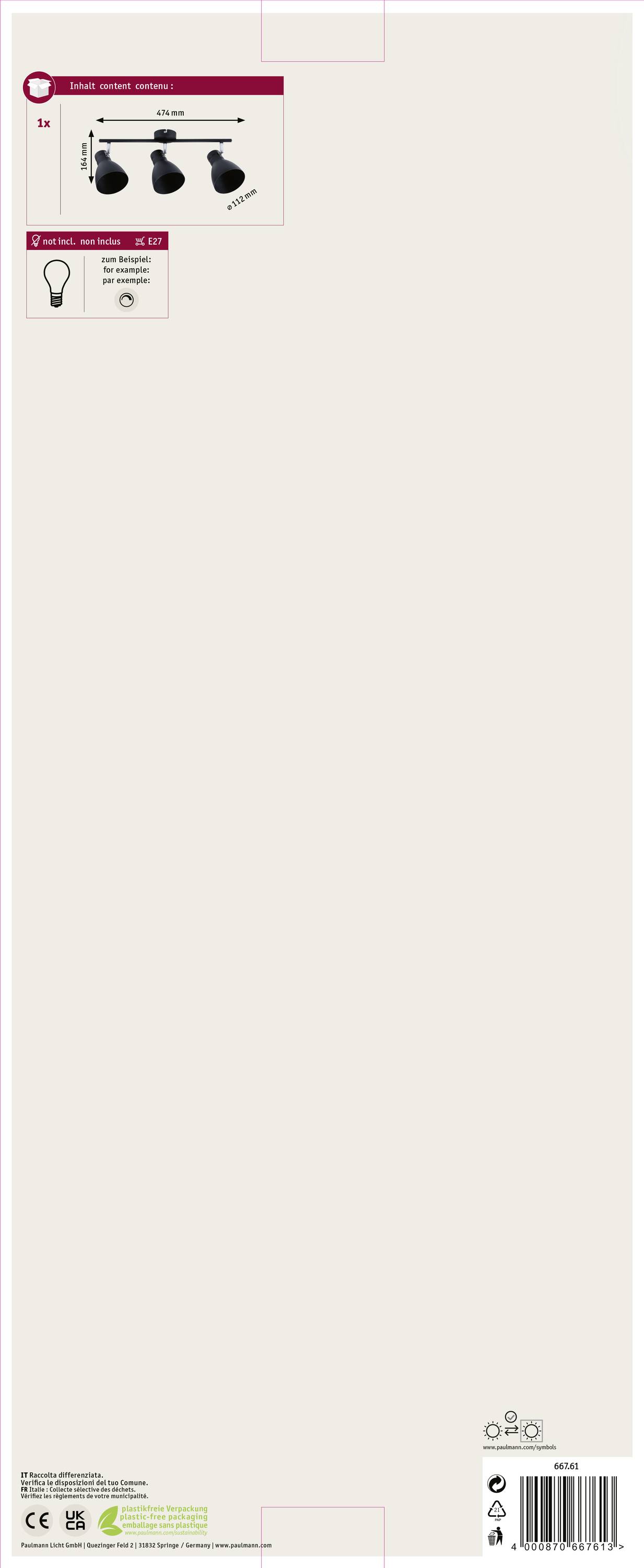 Produktverpackung für eine LED-Lampe. Zeigt drei schwarze Leuchten und eine Glühbirne. Enthält energiesparende Informationen und Symbole.