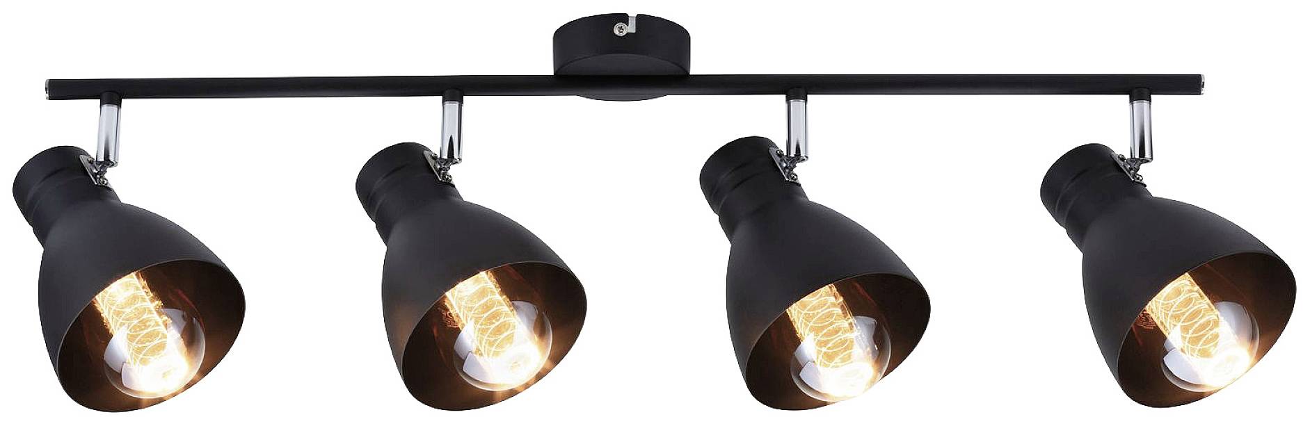 Ein Balken mit vier schwarzen, verstellbaren Deckenstrahlern, die gelbe Glühlampen zeigen, geeignet für Innenbeleuchtung.