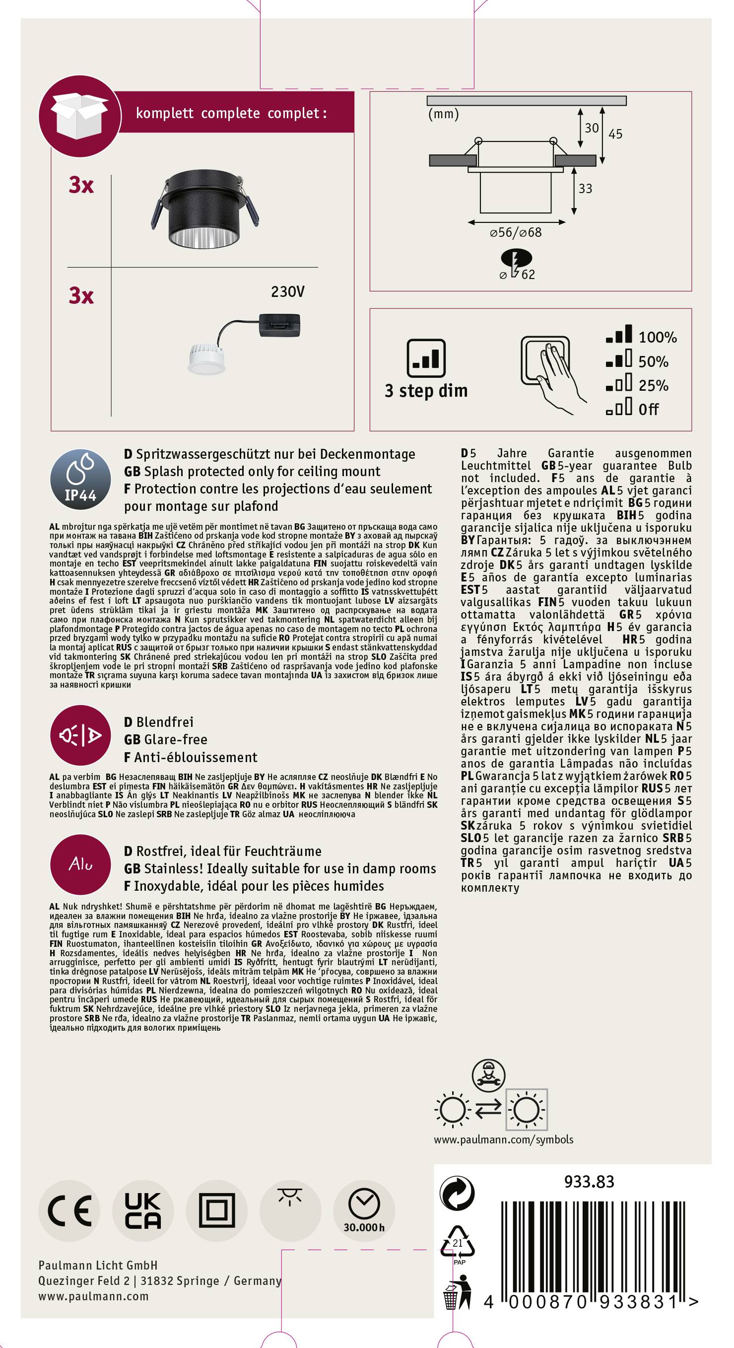 Dreier-Set Einbauleuchten, 230V, 3-Stufen-Dimmer, für drinnen geeignet. Enthält Montageanleitung und Sicherheitsinformationen.