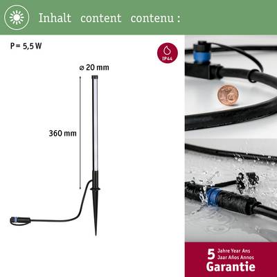 'Lampenstab mit Erdspieß, 5,5 W Leistung, 360 mm hoch, Ø 20 mm. Geeignet für IP44 Anwendungen. 5 Jahre Garantie.'