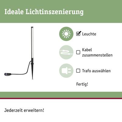 'Ideale Lichtinszenierung' zeigt eine Leuchte und Checkliste: Leuchte, Kabel zusammenstellen, Trafo auswählen. Anleitung für Beleuchtung.