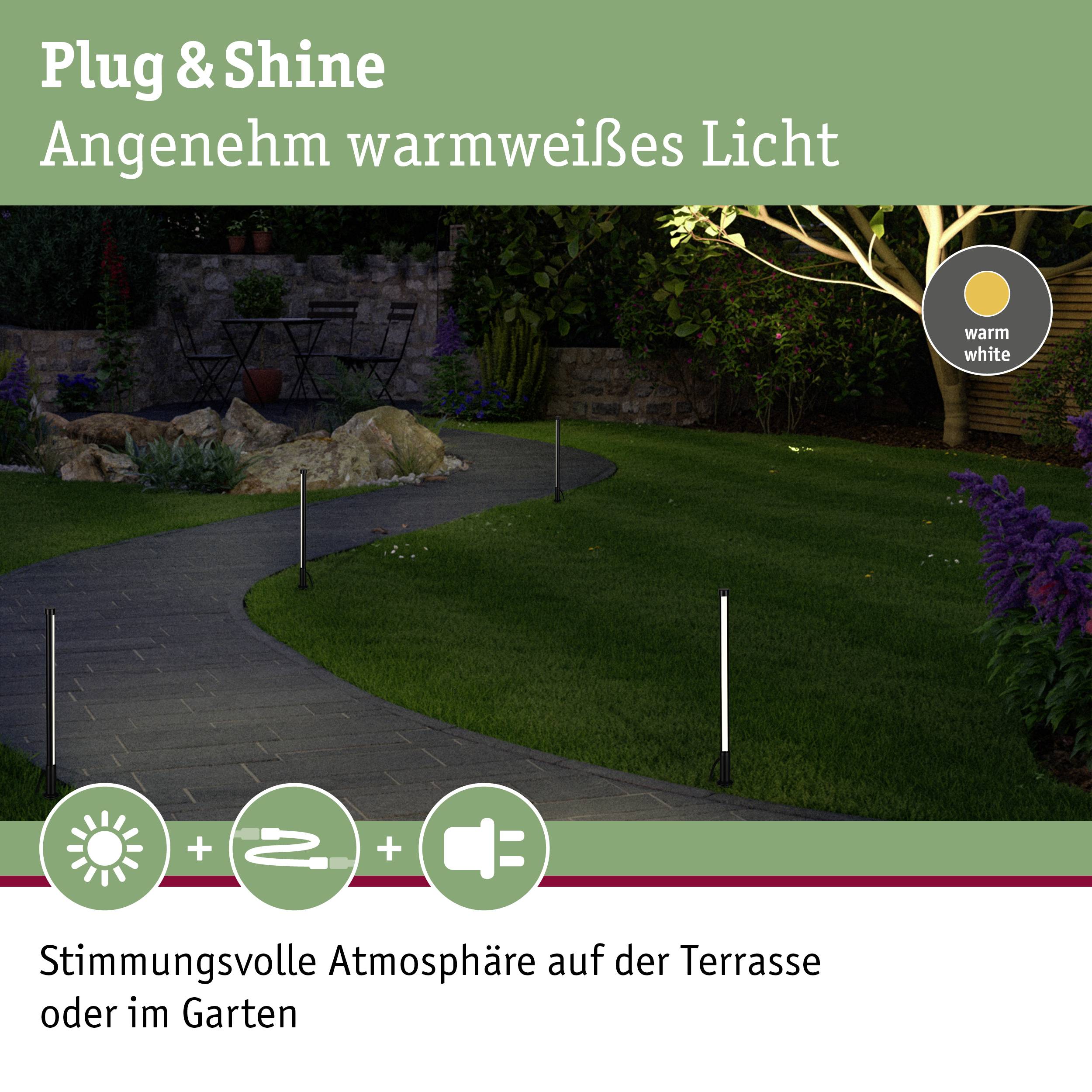 'Stimmungsvolle Atmosphäre auf der Terrasse oder im Garten mit Plug & Shine Lichtsystem, angenehm warmweißes Licht.'
