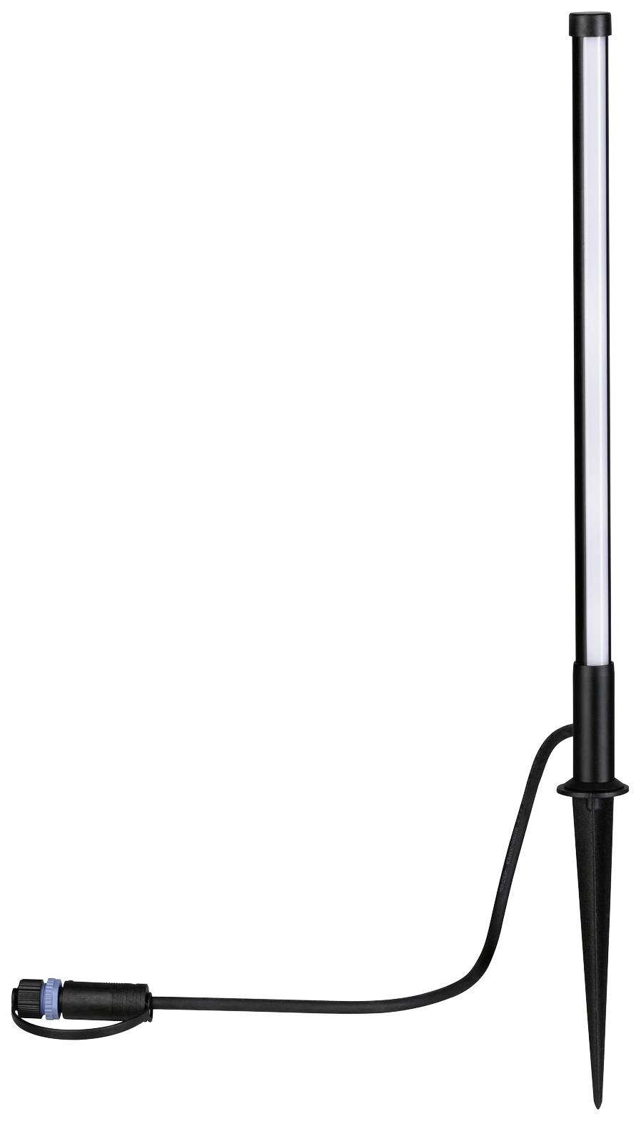 Schwarze Gartenleuchte mit Erdspieß und Kabeleinspeisung. Geeignet zur Außenbeleuchtung.