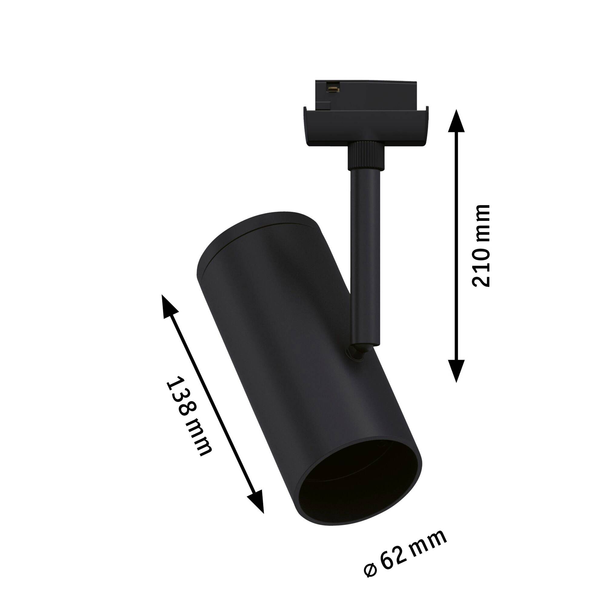 Ein schwarzer Spotstrahler mit den Maßen: Länge 138 mm, Durchmesser 62 mm, Gesamthöhe mit Halterung 210 mm.