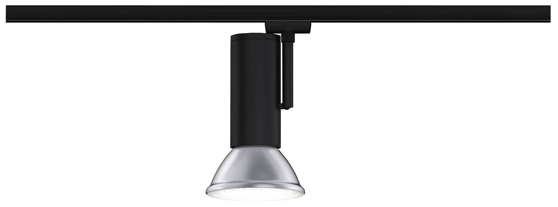 Ein schwarzer Deckenstrahler mit zylindrischem Gehäuse leuchtet nach unten. Ideal für gezielte Beleuchtung in modernen Innenräumen.
