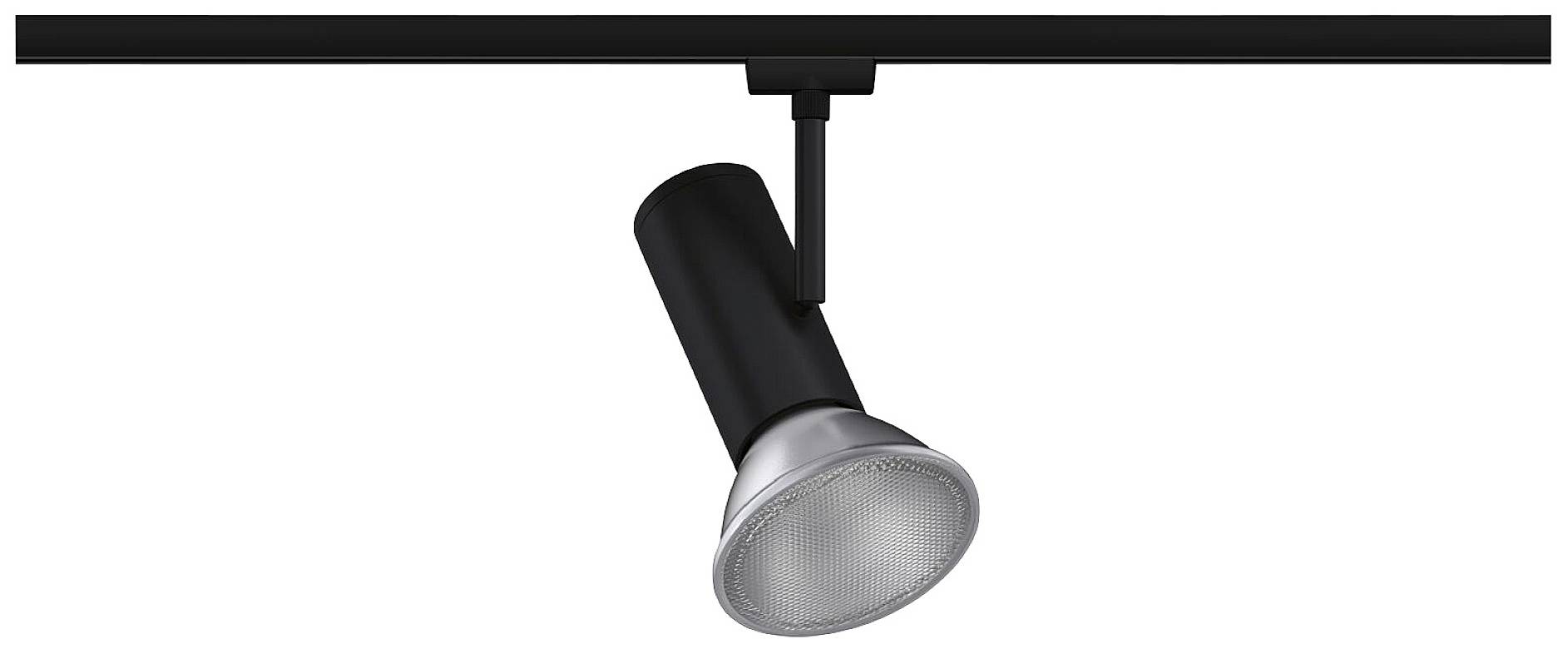 Spotlight auf schwarzer Schiene montiert, fokussierter Lichtstrahl, geeignet für gezielte Beleuchtung in Ausstellungsräumen.