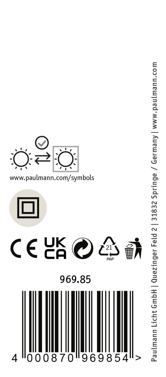 Verpackungsetikett mit Symbolen für Sonnenlichtbeständigkeit und Recycling, CE- und UKCA-Zeichen, Barcode und Produktnummer 969.85.