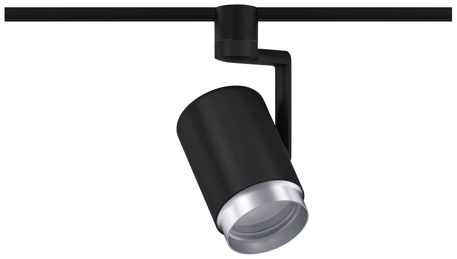 Schwarzer Scheinwerfer an einer Schiene montiert, zeigt nach unten. Modernes Design für gezielte Beleuchtung in Innenräumen.