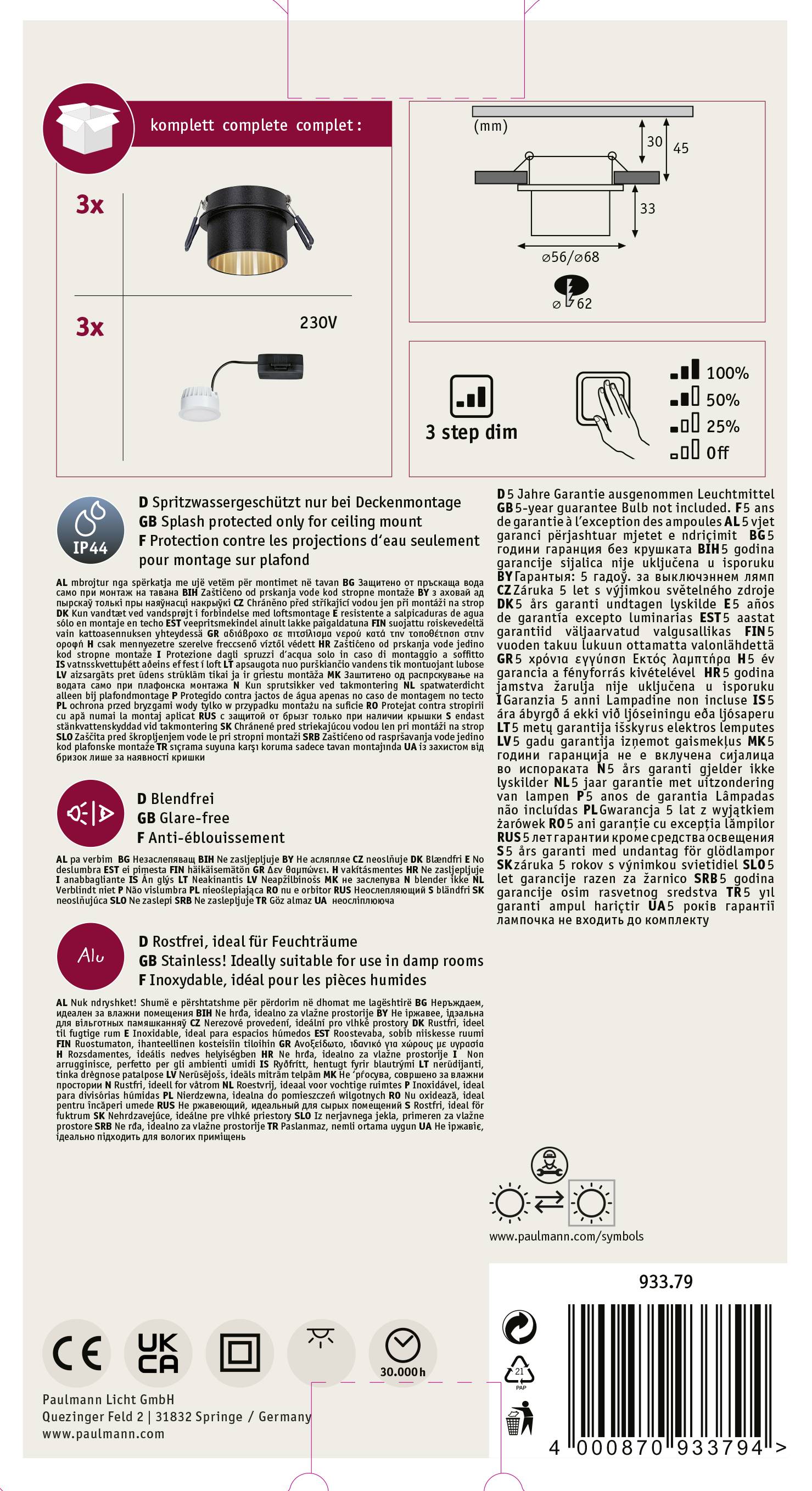 'Produktverpackung: LED-Deckeneinbauleuchte mit Spritzwasserschutz. Details zur Größe, Dimmfunktion und Schutzklasse auf der Rückseite.'
